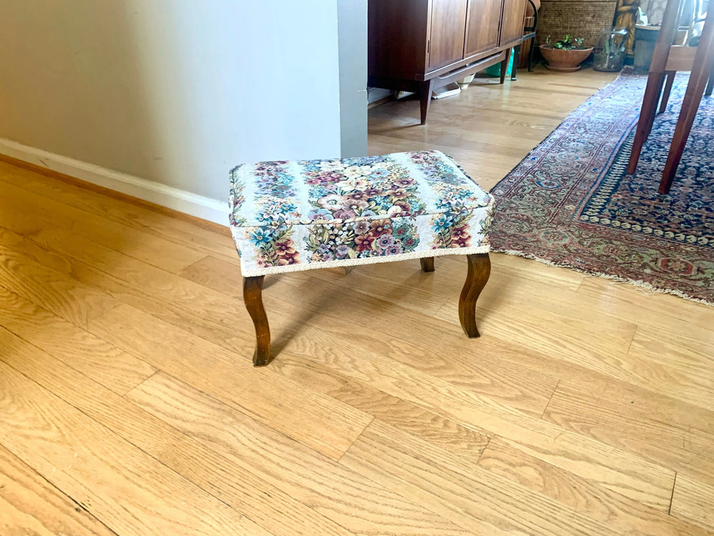 Vtg Floral Tapestry Footstool | Floral French Country Style Foot Stool | Wood Legged Tapestry Ottoman | Floral Footstool