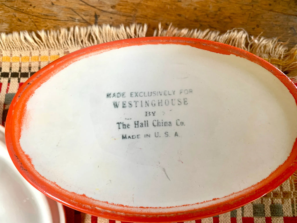 Vtg Oval Westinghouse Orange Refrigerator Dish | Art Deco Orange Hall China Co. Covered Dish | Art Deco Kitchenware | MCM Kitchenware
