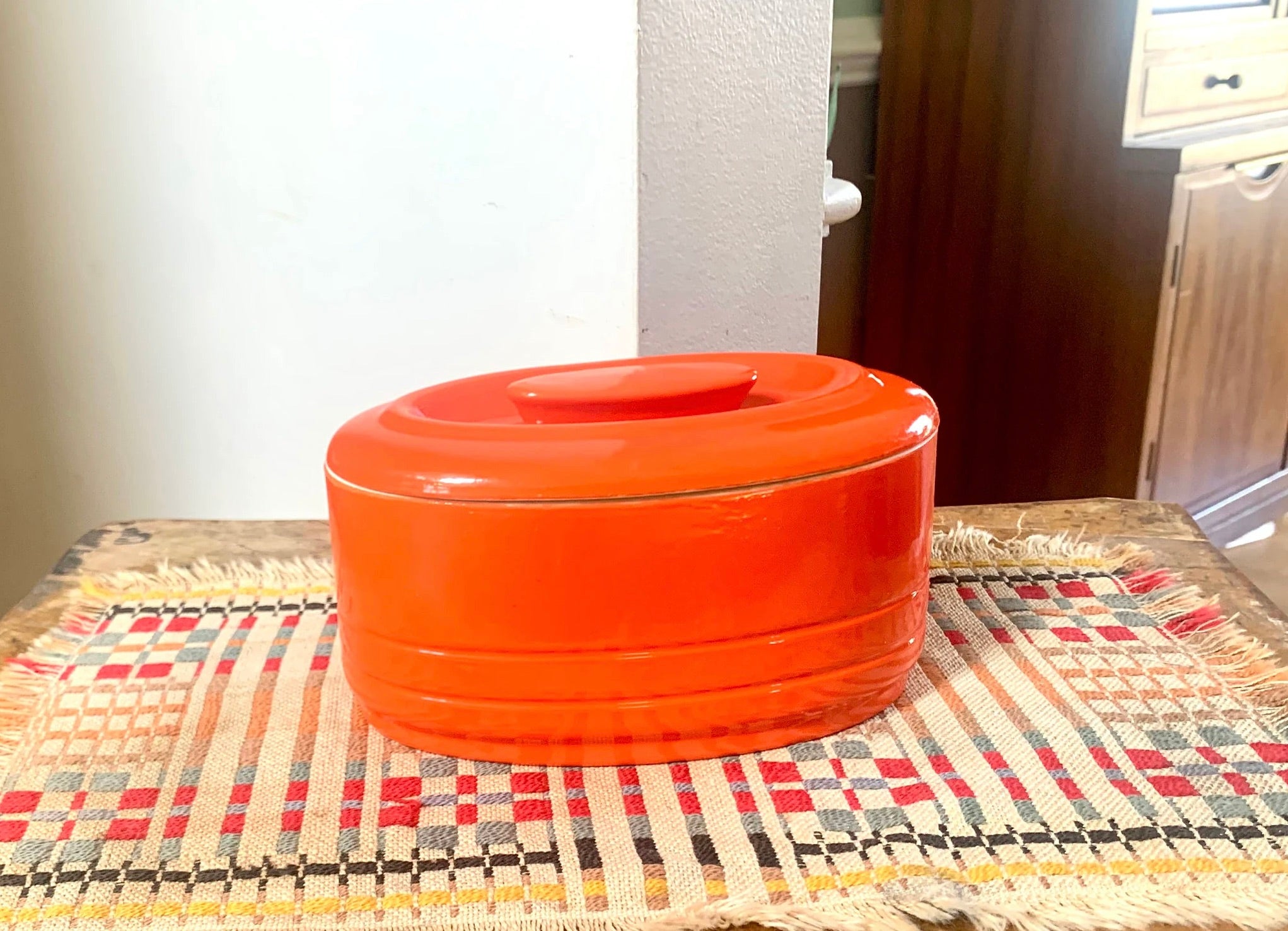 Vtg Oval Westinghouse Orange Refrigerator Dish | Art Deco Orange Hall China Co. Covered Dish | Art Deco Kitchenware | MCM Kitchenware