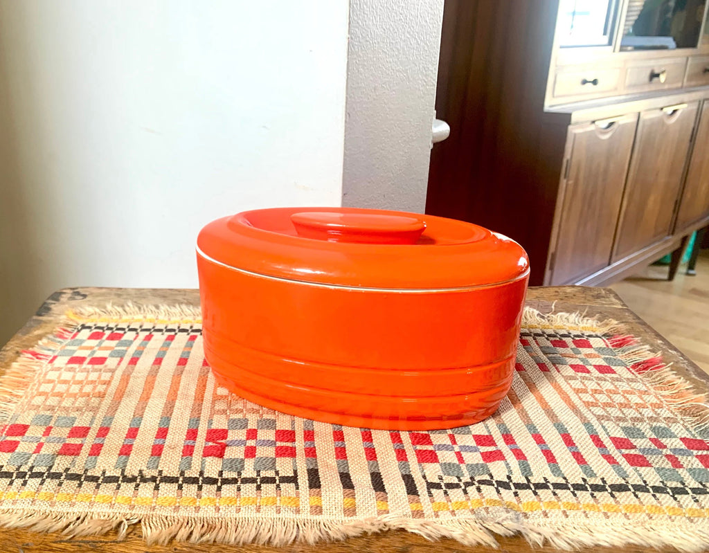 Vtg Oval Westinghouse Orange Refrigerator Dish | Art Deco Orange Hall China Co. Covered Dish | Art Deco Kitchenware | MCM Kitchenware