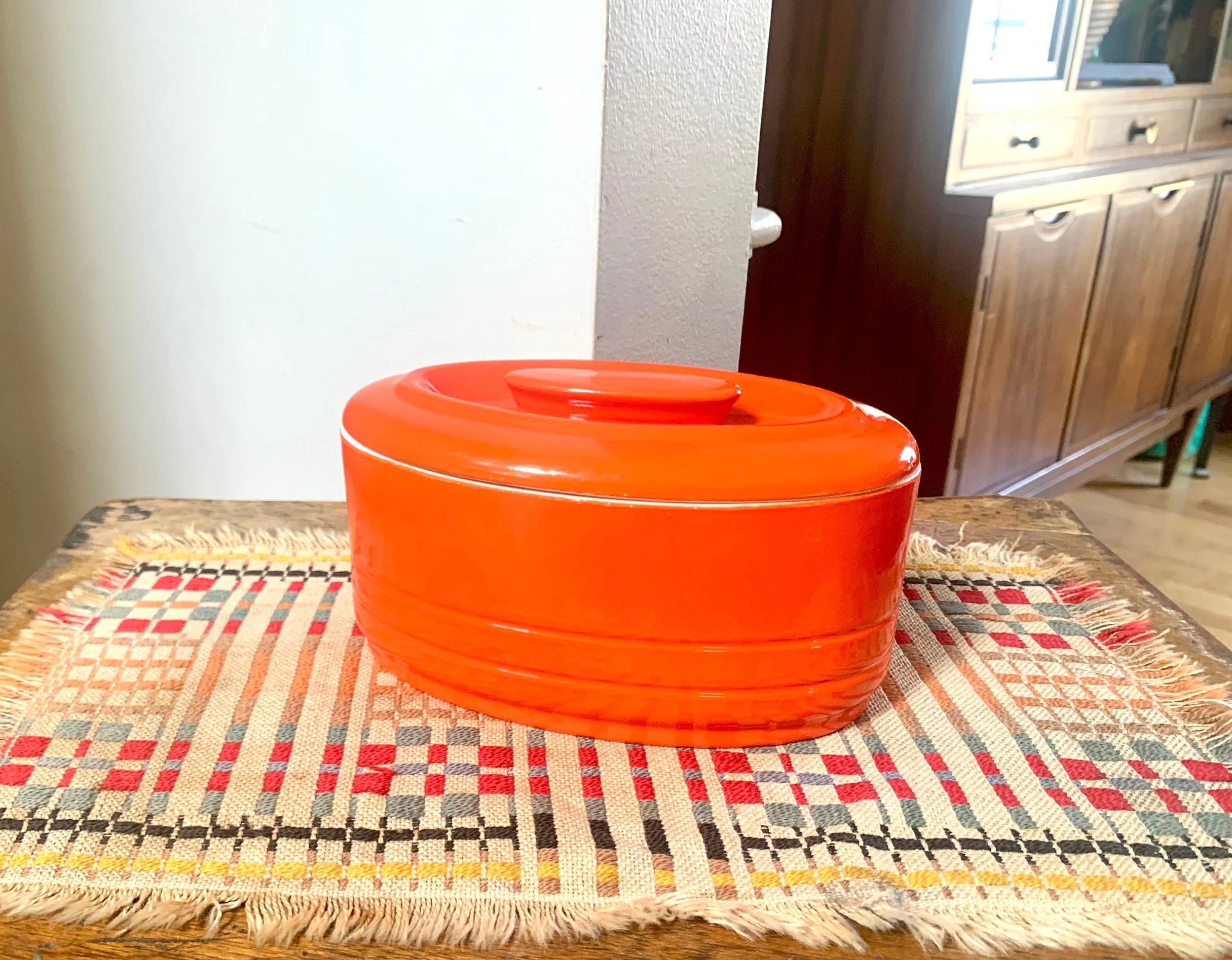 Vtg Oval Westinghouse Orange Refrigerator Dish | Art Deco Orange Hall China Co. Covered Dish | Art Deco Kitchenware | MCM Kitchenware