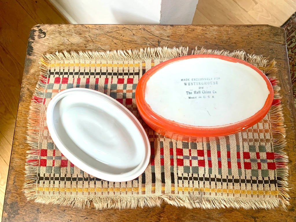 Vtg Oval Westinghouse Orange Refrigerator Dish | Art Deco Orange Hall China Co. Covered Dish | Art Deco Kitchenware | MCM Kitchenware