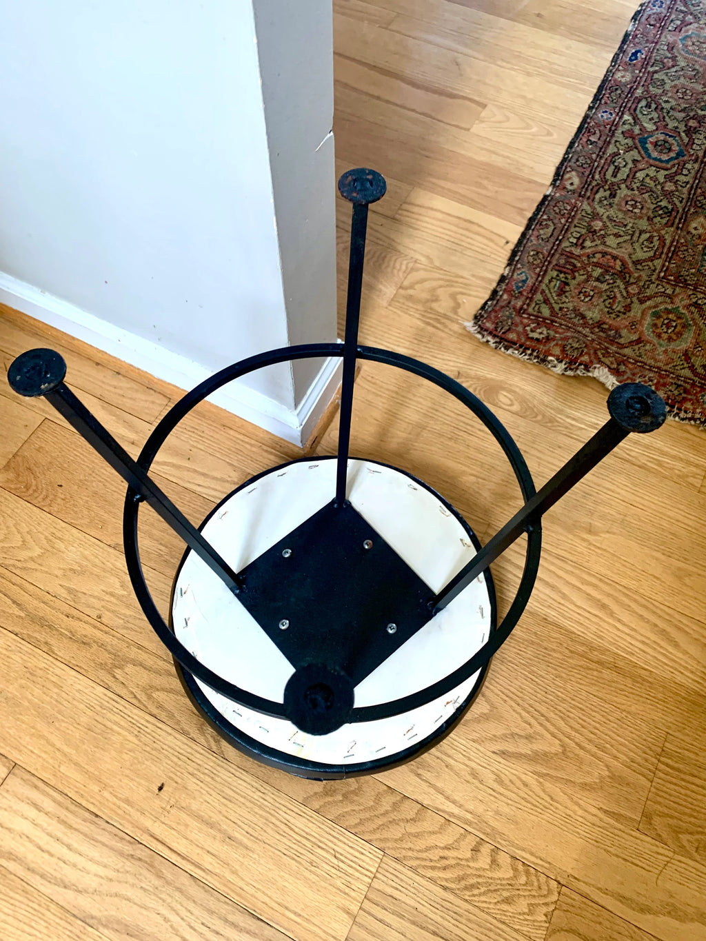 Vtg Black Metal Stool | Round Vinyl Top Metal Stool | Short Metal Stool | Rustic Stool | Black Industrial Stool | MCM Metal Stool
