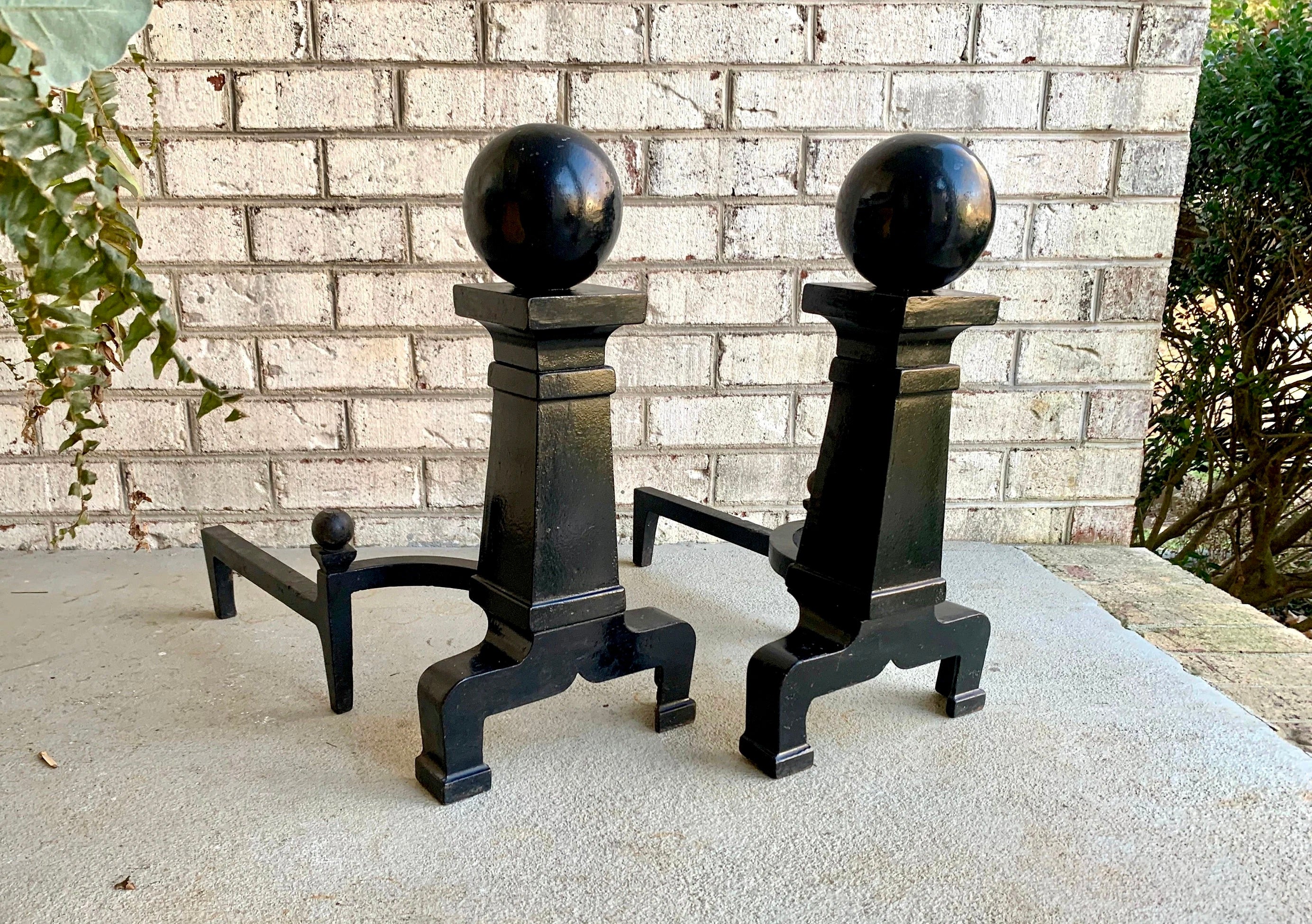 Antique Cannonball Cast Iron Andirons | Large Cannonball Firedogs | 20" Heavy Large Andirons