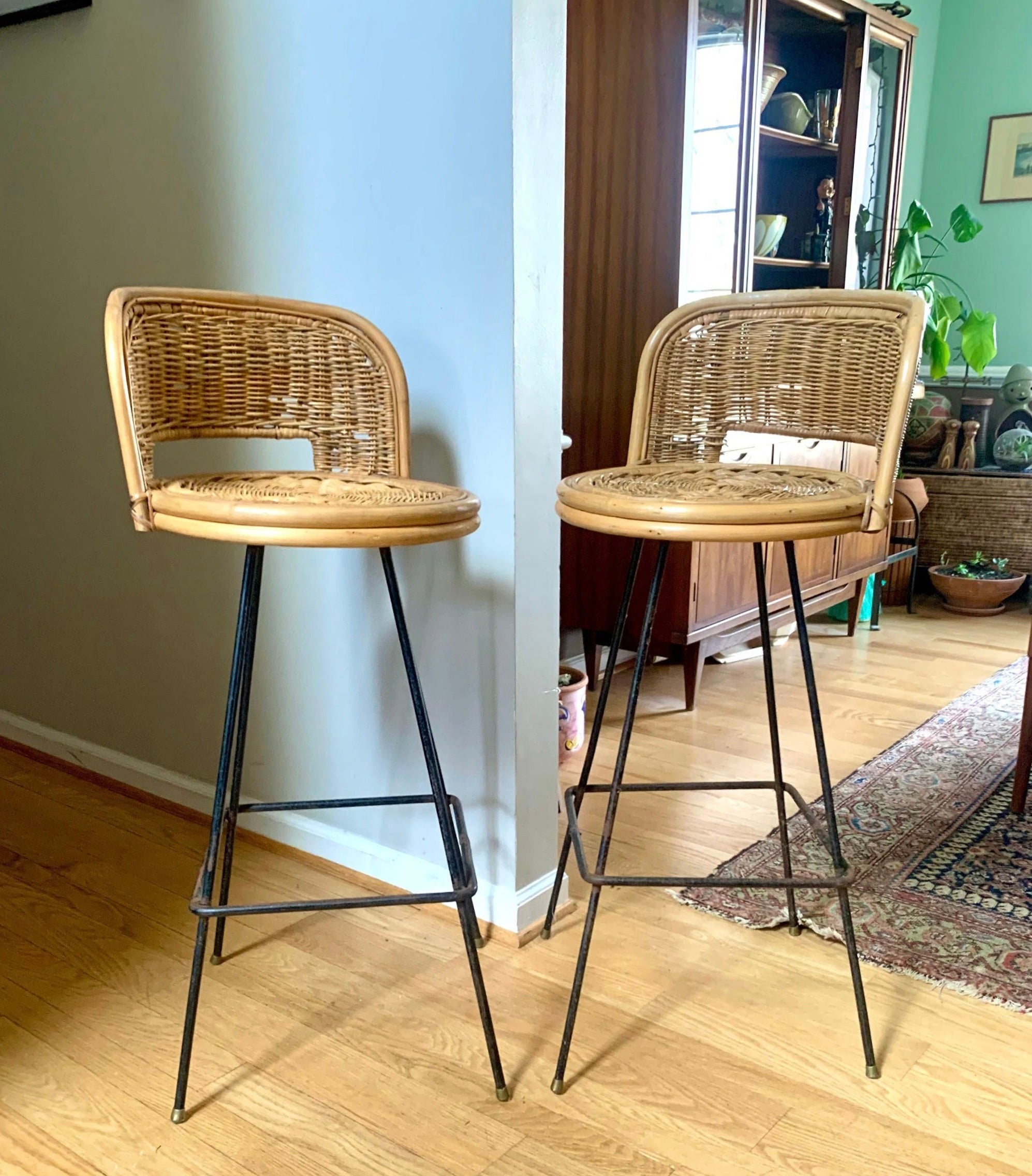 Pair of Mid Century Rattan Bar Stools | Danish Modern Bohemian Swivel Bar Stools | Rustic Seating| Boho Wicker Counter Stools| Rustic Stools
