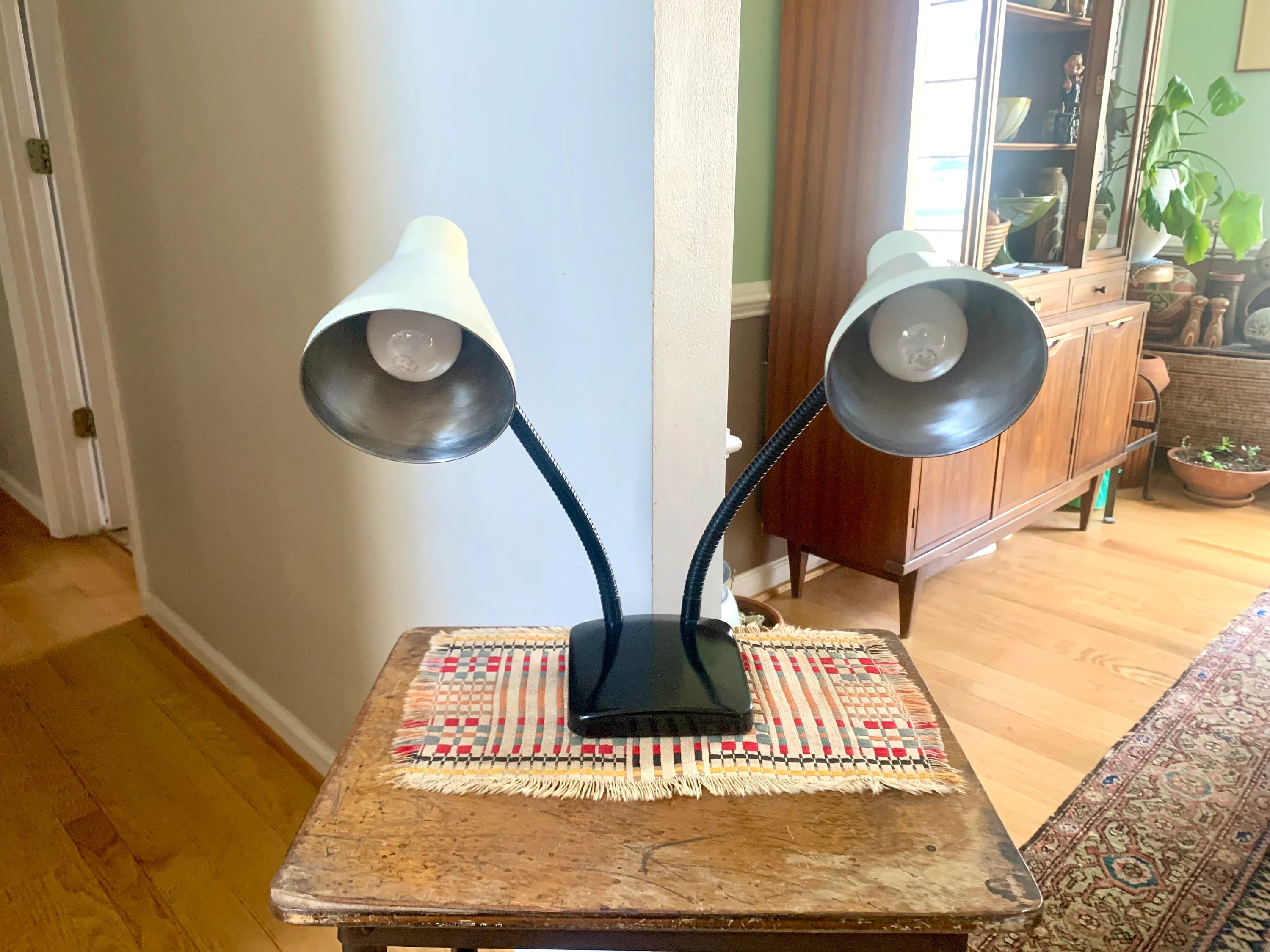 Vtg MCM Double Gooseneck Desk Lamp | MCM Gooseneck Lamp | Double Fixture Desk Lamp | Atomic Double Gooseneck Lamp
