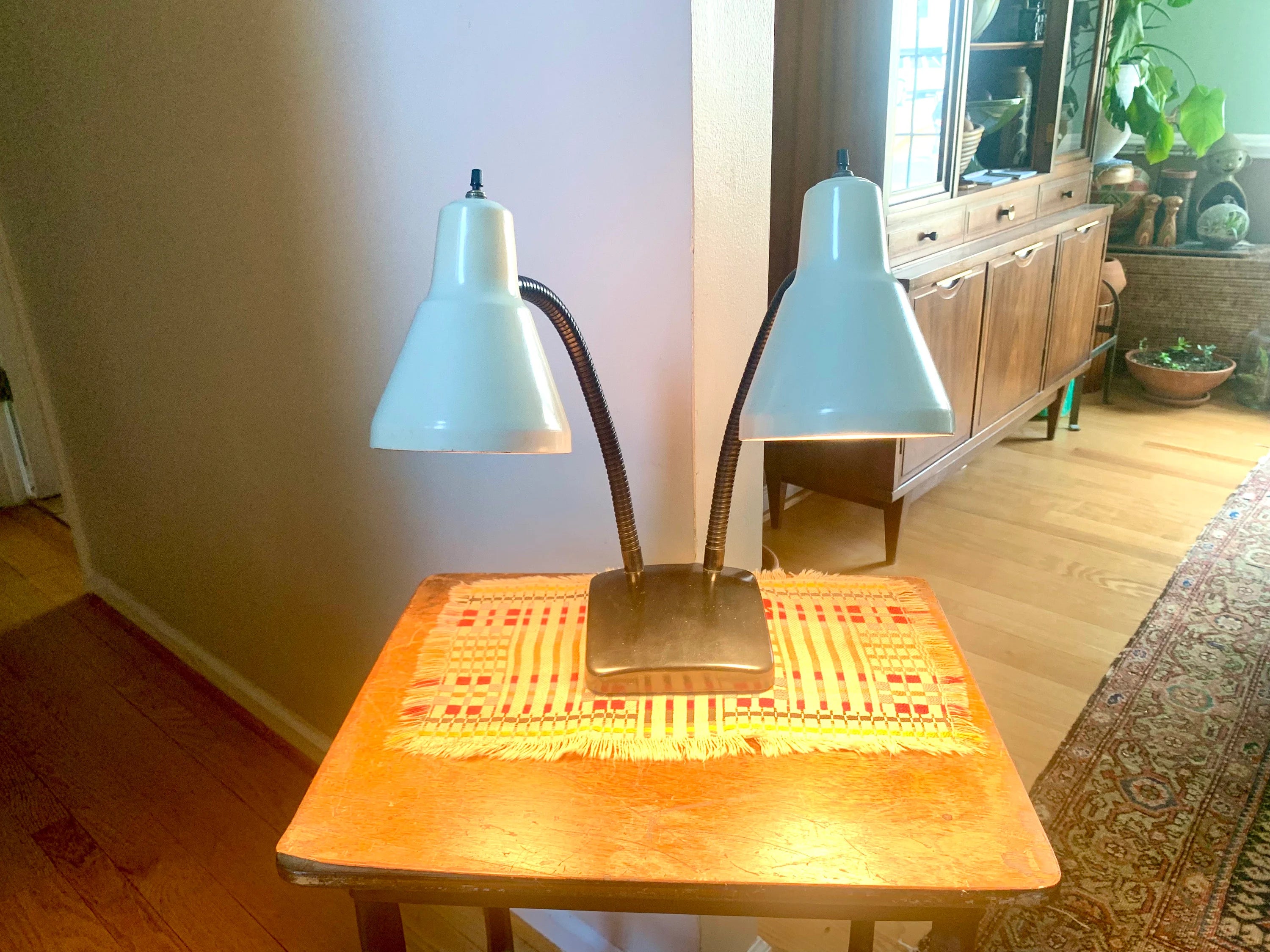 Vtg MCM Double Gooseneck Desk Lamp | MCM Gooseneck Lamp | Double Fixture Desk Lamp | Atomic Double Gooseneck Lamp