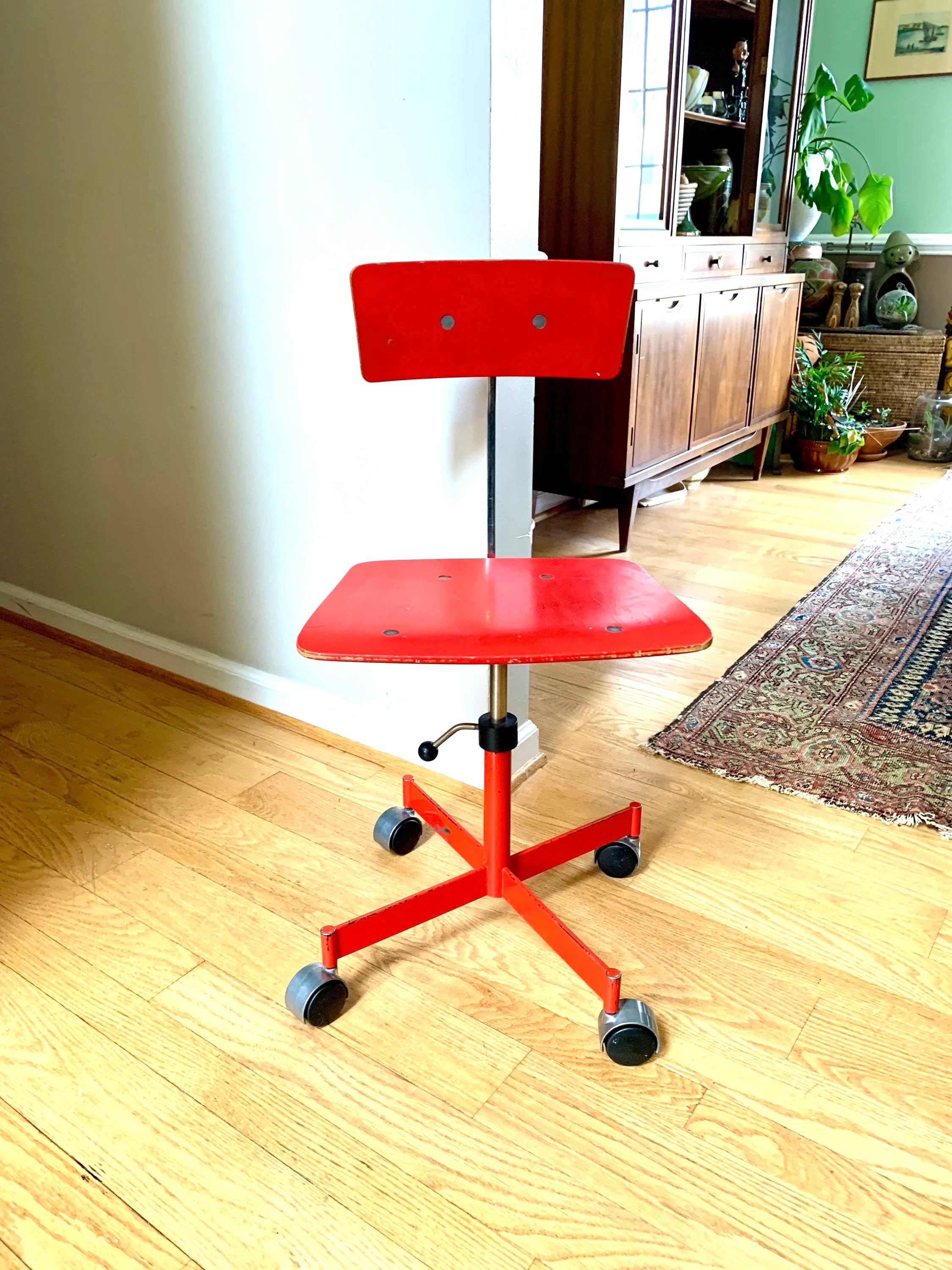 Vtg Red LEVI Task Chair | Jorgen Rasmussen Danish Modern Office Chair | 60's Modernist Adjustable Chair | MCM Red Danish Rolling Chair