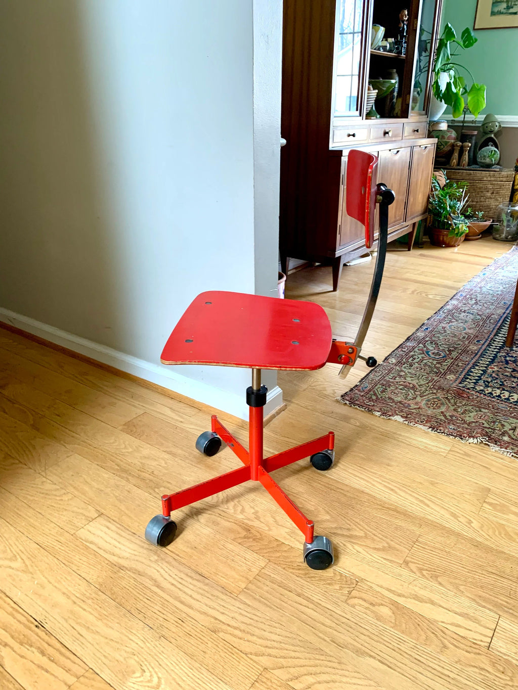 Vtg Red LEVI Task Chair | Jorgen Rasmussen Danish Modern Office Chair | 60's Modernist Adjustable Chair | MCM Red Danish Rolling Chair