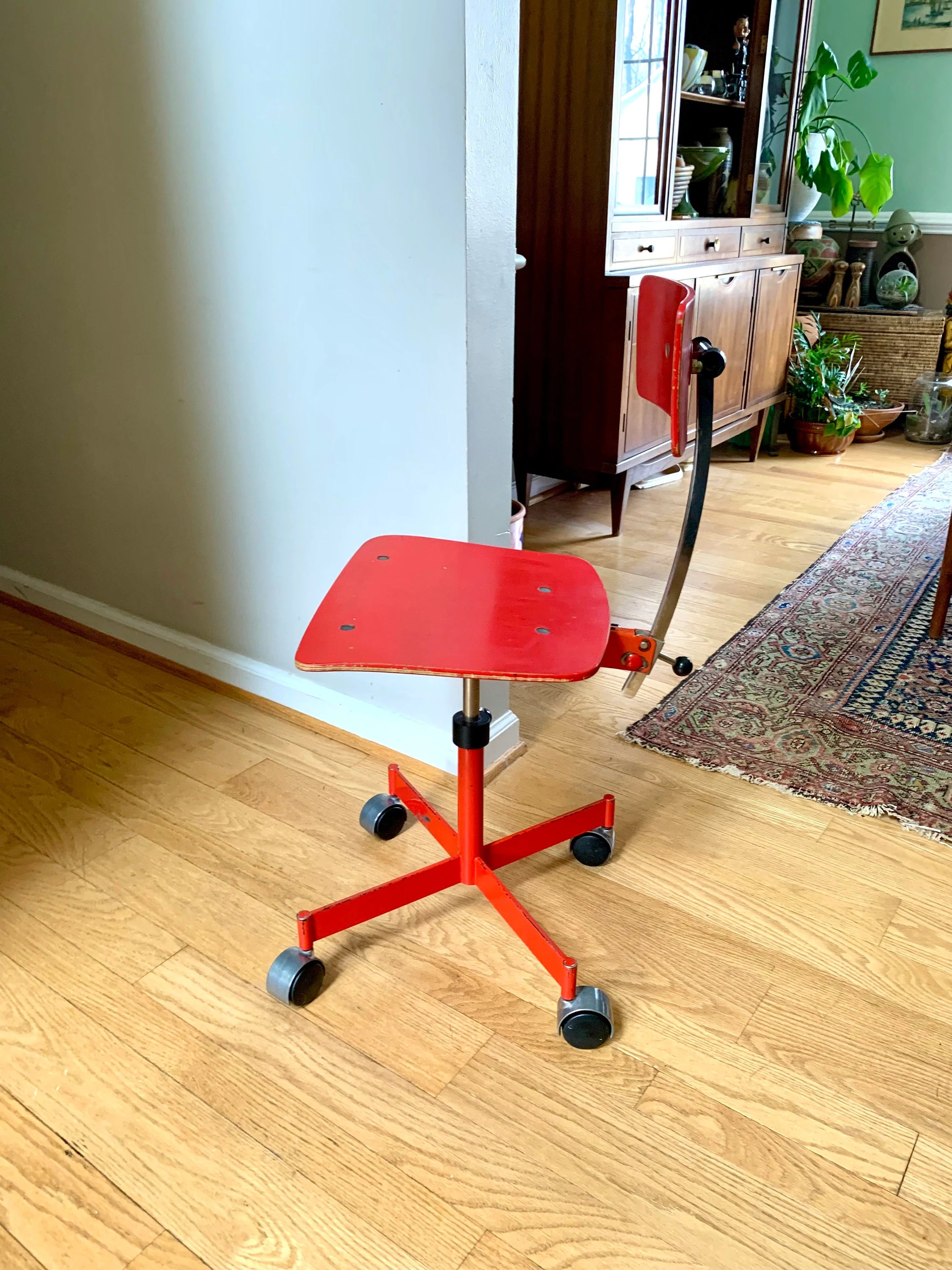 Vtg Red LEVI Task Chair | Jorgen Rasmussen Danish Modern Office Chair | 60's Modernist Adjustable Chair | MCM Red Danish Rolling Chair