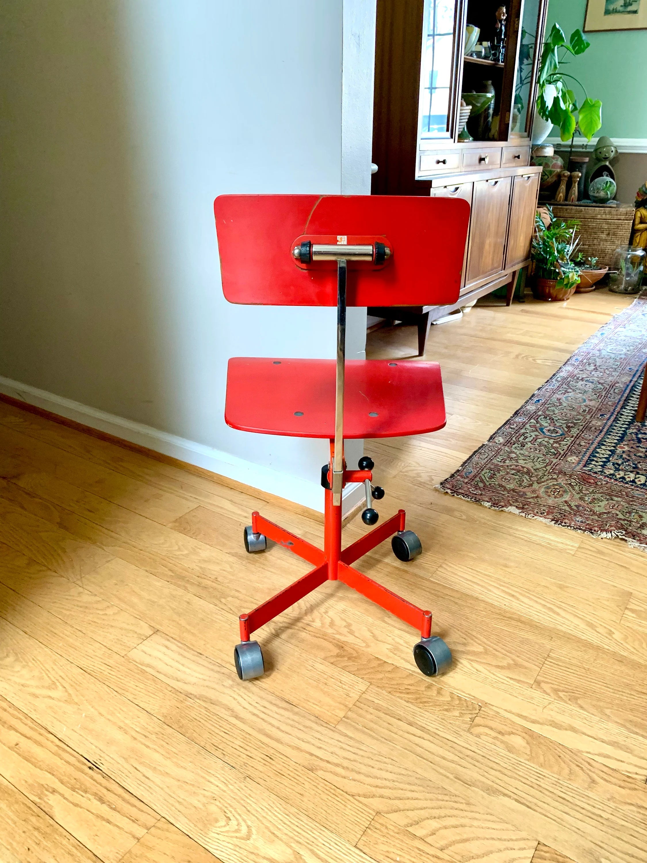 Vtg Red LEVI Task Chair | Jorgen Rasmussen Danish Modern Office Chair | 60's Modernist Adjustable Chair | MCM Red Danish Rolling Chair