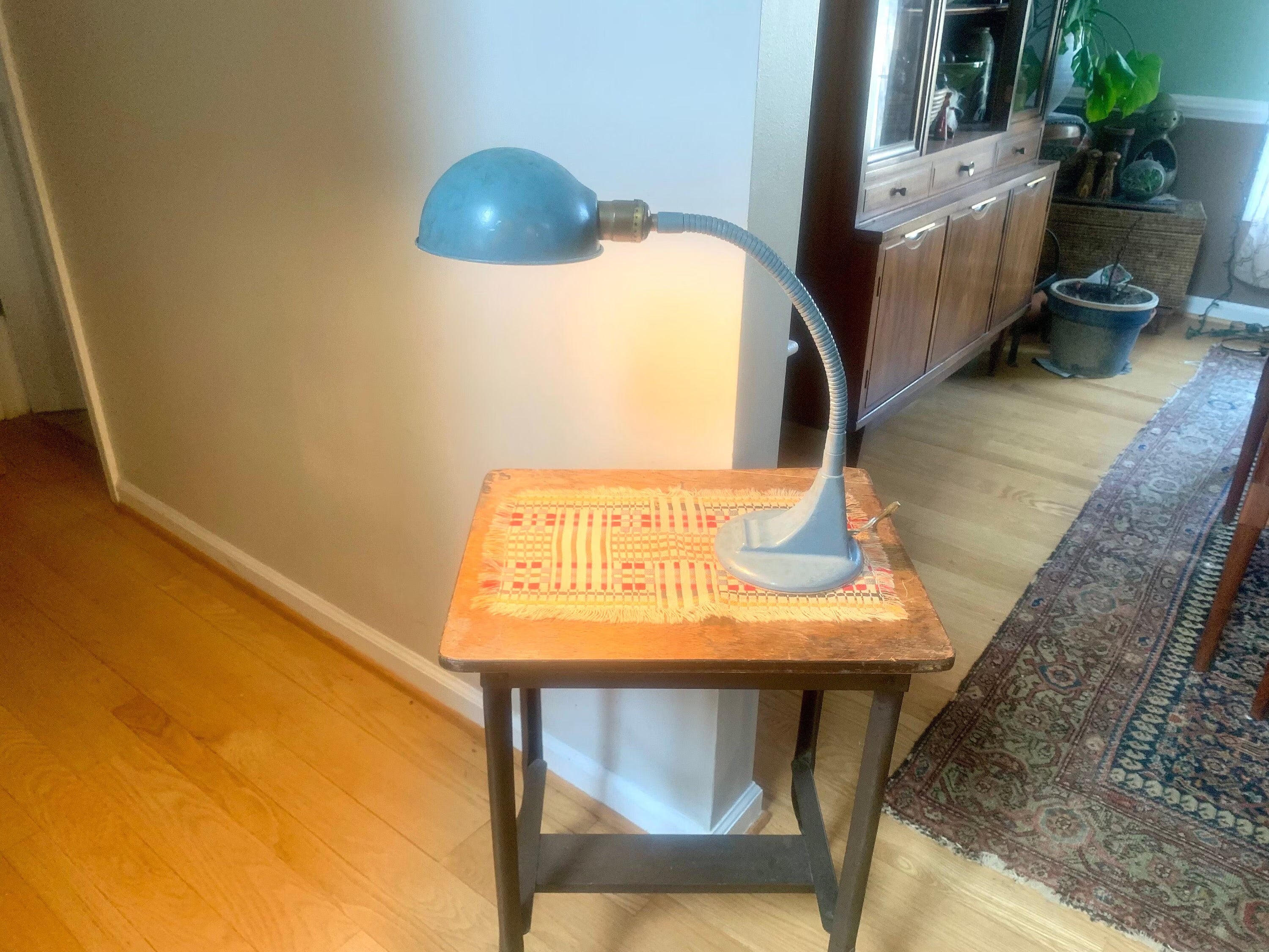 Vintage Blue Goose Neck Lamp | Industrial Flexible Desk Lamp | Blue Adjustable Desk Lamp | Distressed Style Paint Desk Lamp |