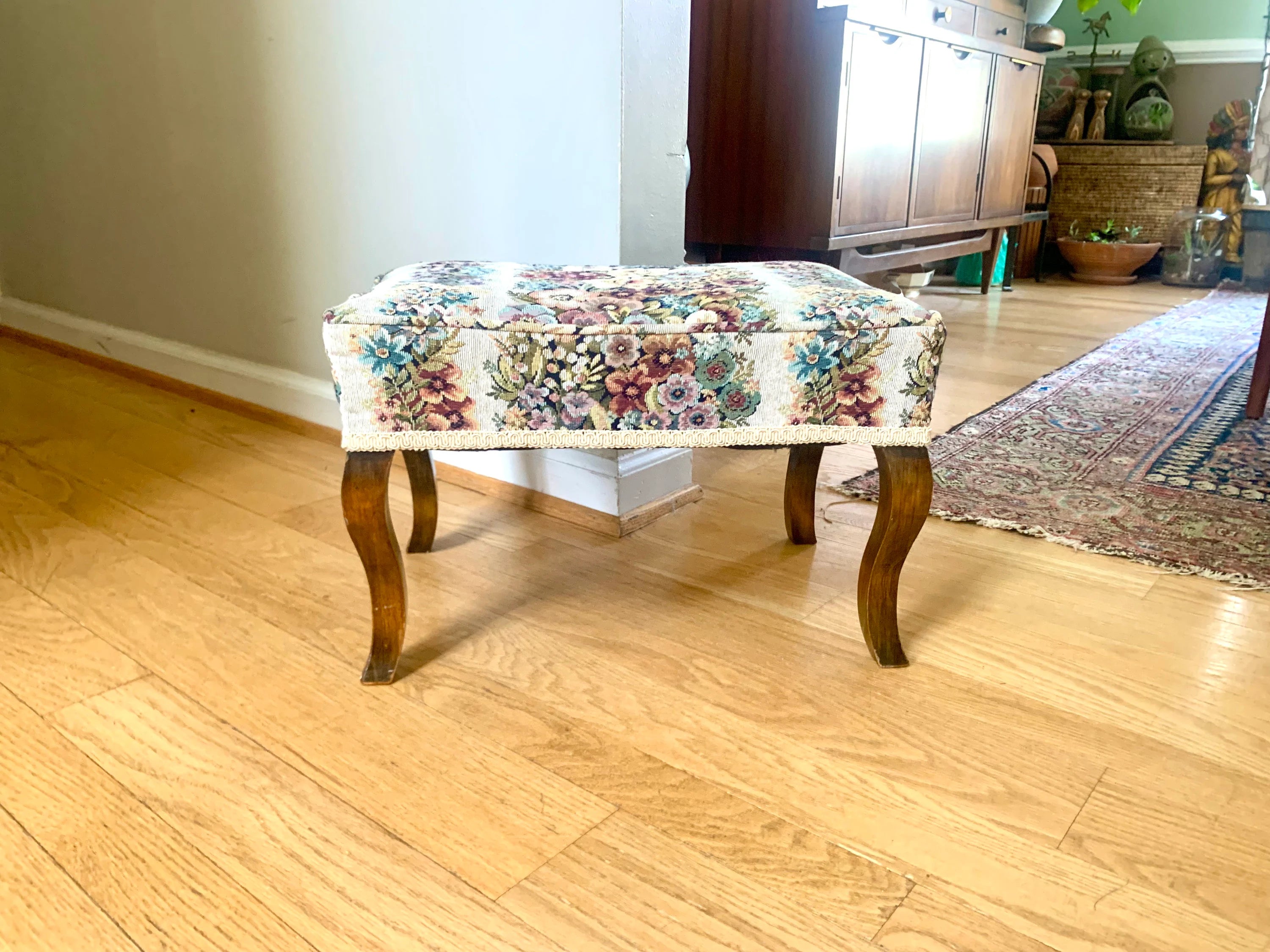 Vtg Floral Tapestry Footstool | Floral French Country Style Foot Stool | Wood Legged Tapestry Ottoman | Floral Footstool