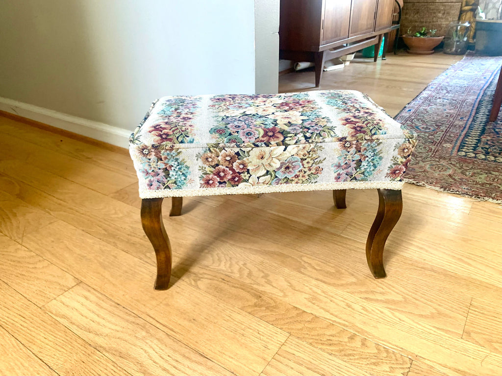 Vtg Floral Tapestry Footstool | Floral French Country Style Foot Stool | Wood Legged Tapestry Ottoman | Floral Footstool