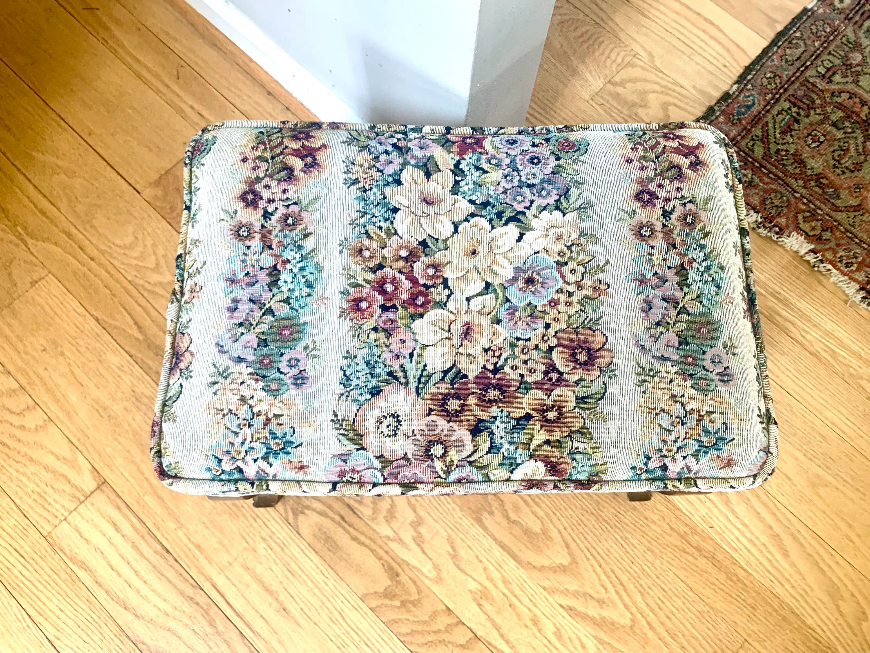 Vtg Floral Tapestry Footstool | Floral French Country Style Foot Stool | Wood Legged Tapestry Ottoman | Floral Footstool