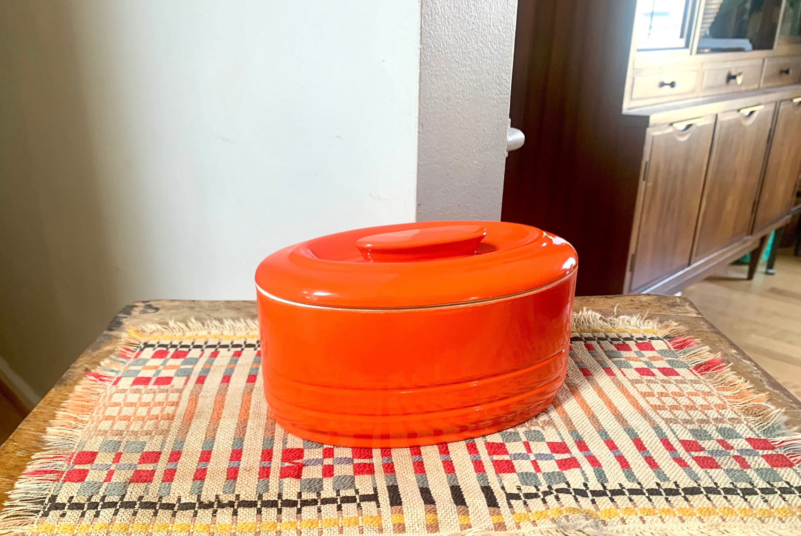 Vtg Oval Westinghouse Orange Refrigerator Dish | Art Deco Orange Hall China Co. Covered Dish | Art Deco Kitchenware | MCM Kitchenware