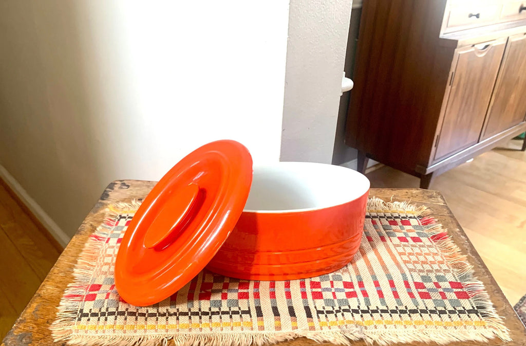 Vtg Oval Westinghouse Orange Refrigerator Dish | Art Deco Orange Hall China Co. Covered Dish | Art Deco Kitchenware | MCM Kitchenware