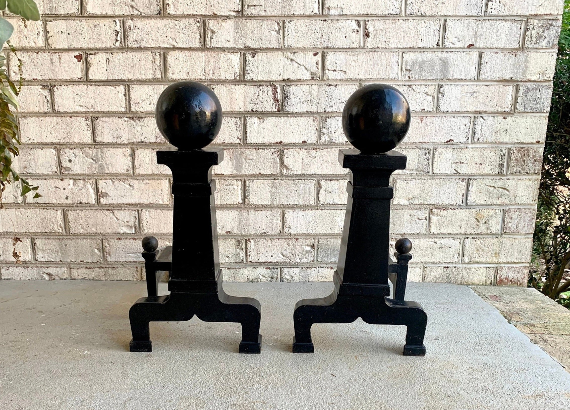 Antique Cannonball Cast Iron Andirons | Large Cannonball Firedogs | 20" Heavy Large Andirons