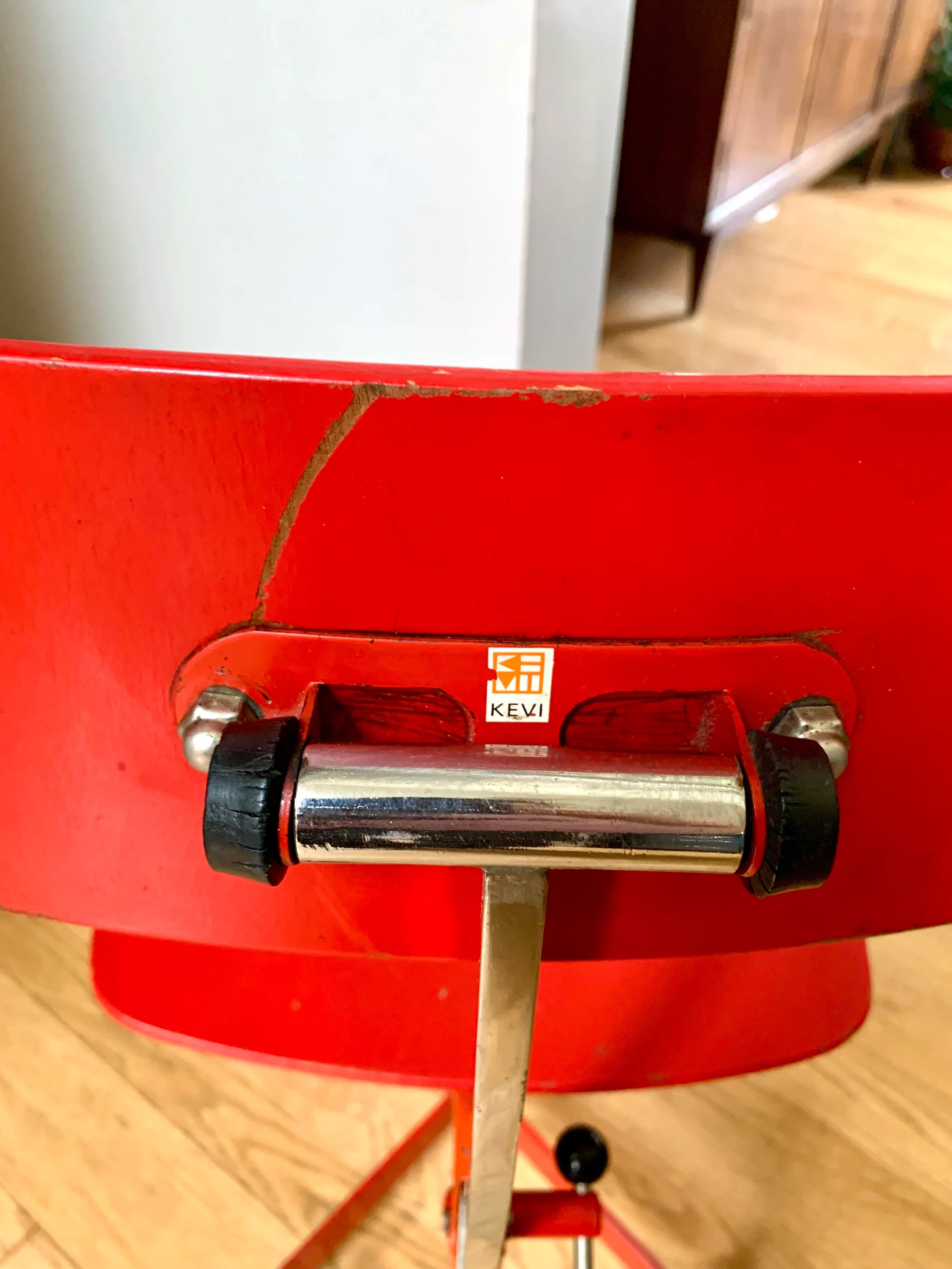 Vtg Red LEVI Task Chair | Jorgen Rasmussen Danish Modern Office Chair | 60's Modernist Adjustable Chair | MCM Red Danish Rolling Chair