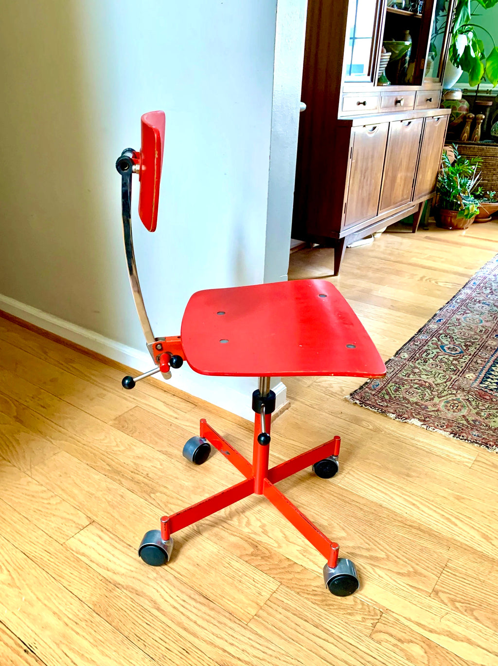 Vtg Red LEVI Task Chair | Jorgen Rasmussen Danish Modern Office Chair | 60's Modernist Adjustable Chair | MCM Red Danish Rolling Chair