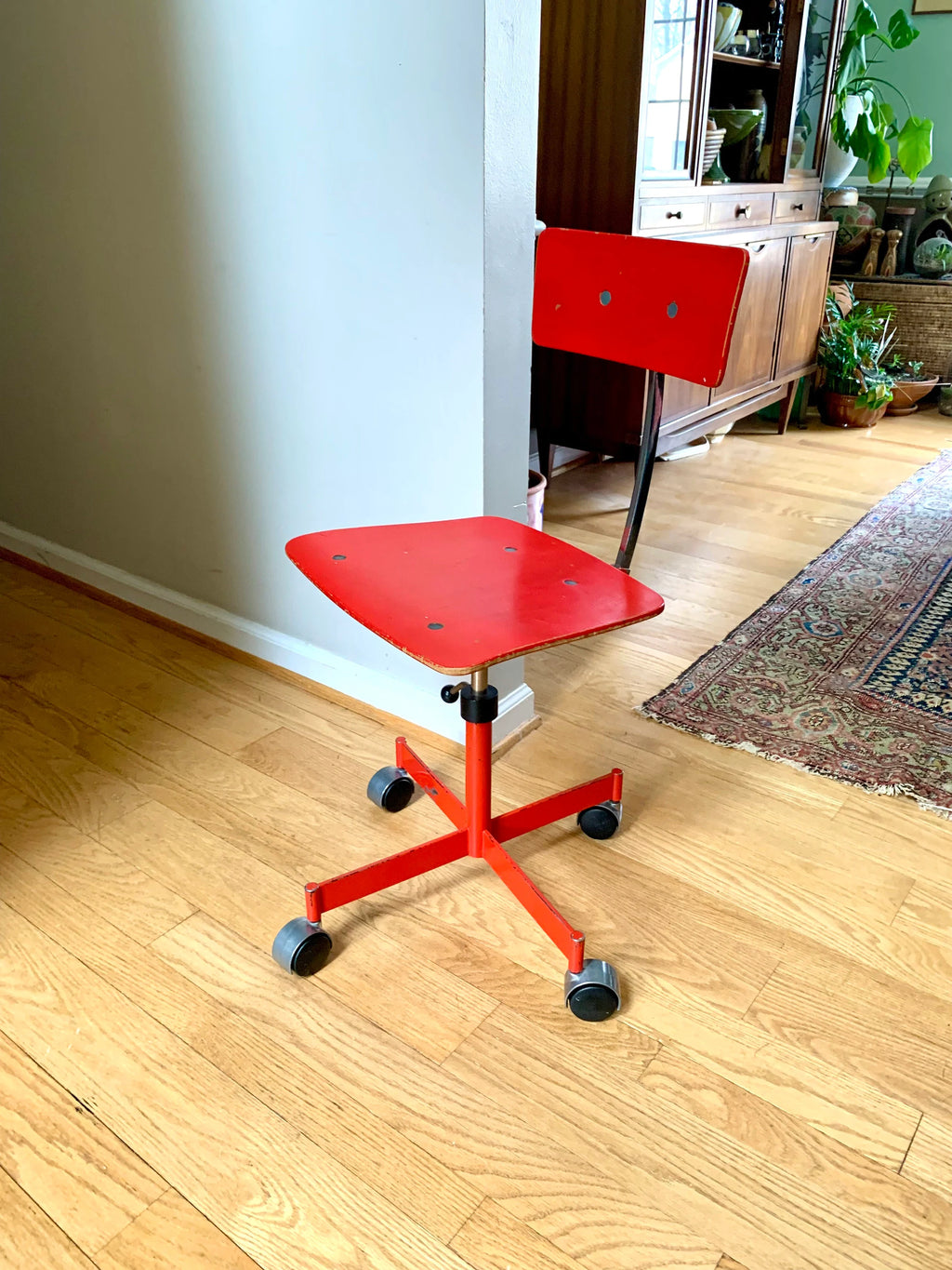 Vtg Red LEVI Task Chair | Jorgen Rasmussen Danish Modern Office Chair | 60's Modernist Adjustable Chair | MCM Red Danish Rolling Chair