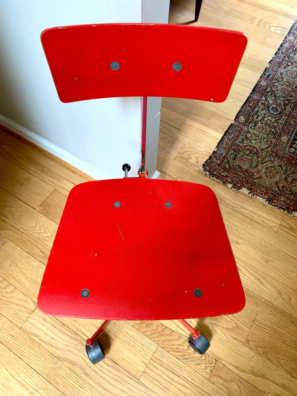 Vtg Red LEVI Task Chair | Jorgen Rasmussen Danish Modern Office Chair | 60's Modernist Adjustable Chair | MCM Red Danish Rolling Chair