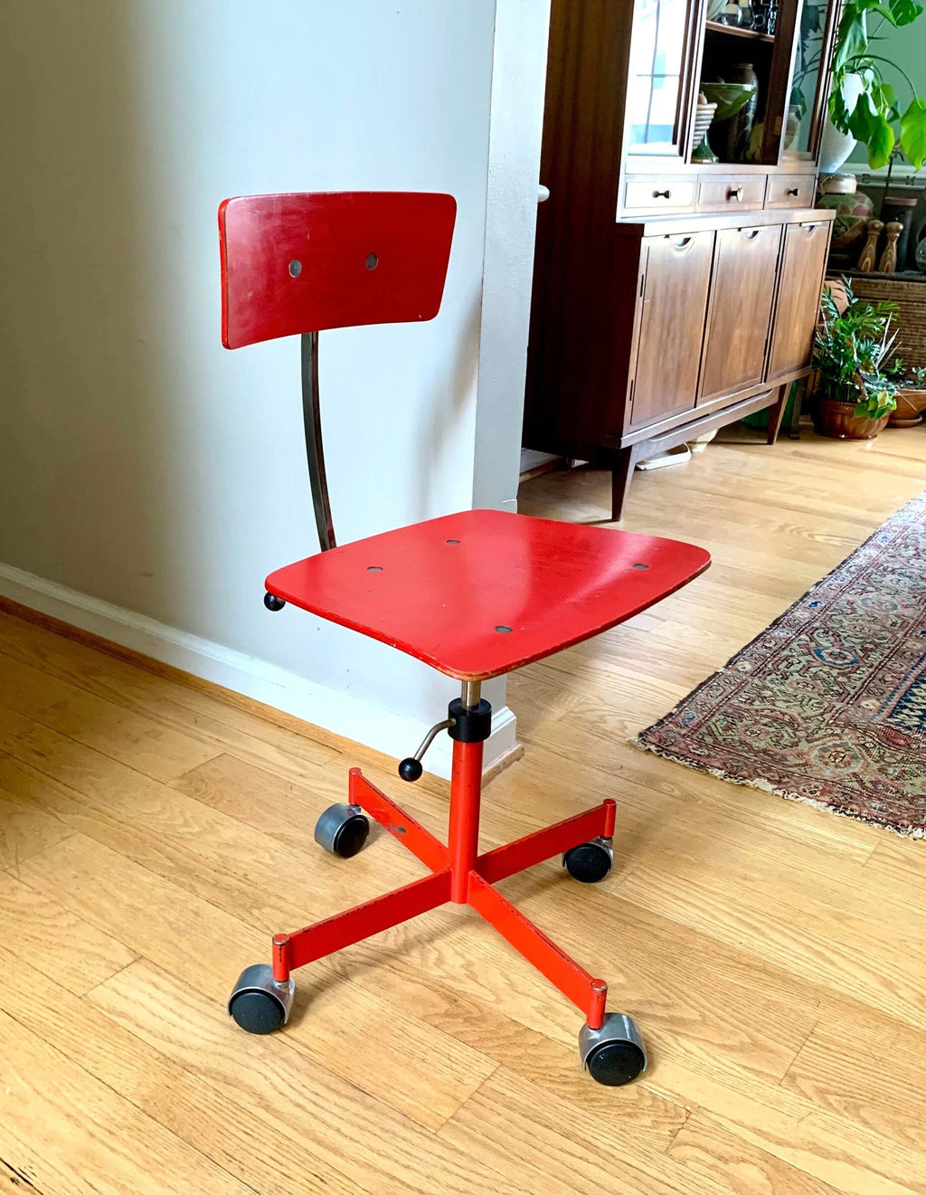 Vtg Red LEVI Task Chair | Jorgen Rasmussen Danish Modern Office Chair | 60's Modernist Adjustable Chair | MCM Red Danish Rolling Chair