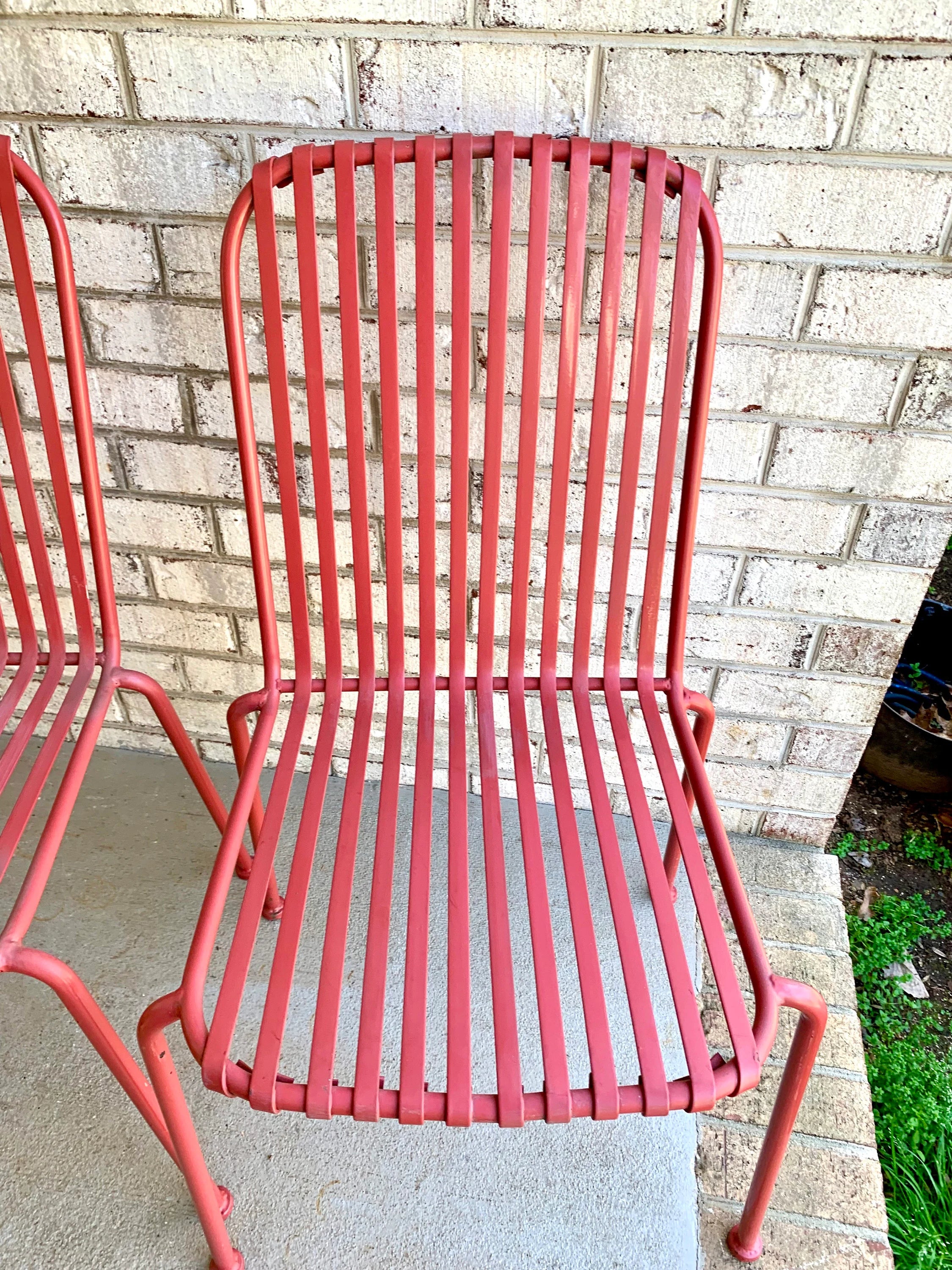 Vtg Pair of Metal Stacking Chairs | Red Metal Slat Chairs | Red Finish Metal Chairs | Stackable Red Metal Chairs | Patio Chairs