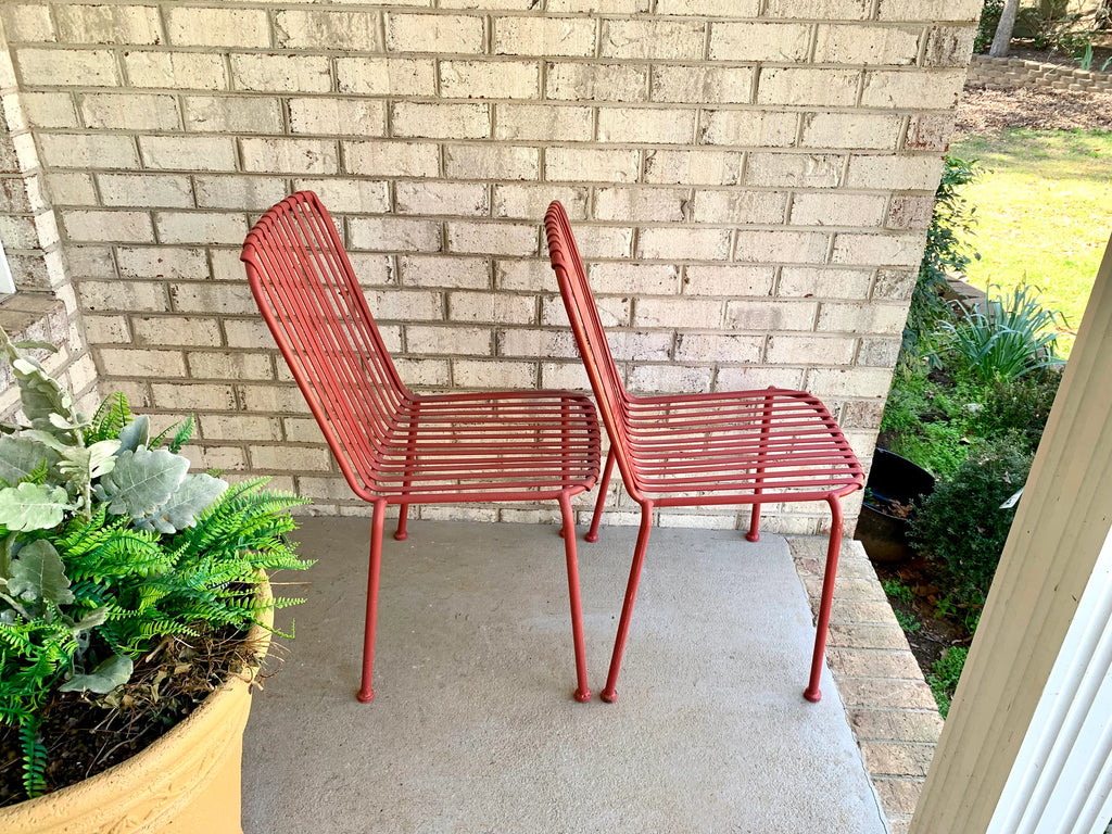 Vtg Pair of Metal Stacking Chairs | Red Metal Slat Chairs | Red Finish Metal Chairs | Stackable Red Metal Chairs | Patio Chairs
