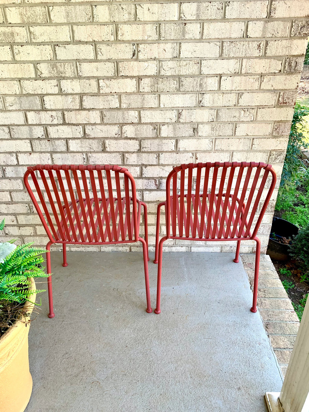 Vtg Pair of Metal Stacking Chairs | Red Metal Slat Chairs | Red Finish Metal Chairs | Stackable Red Metal Chairs | Patio Chairs