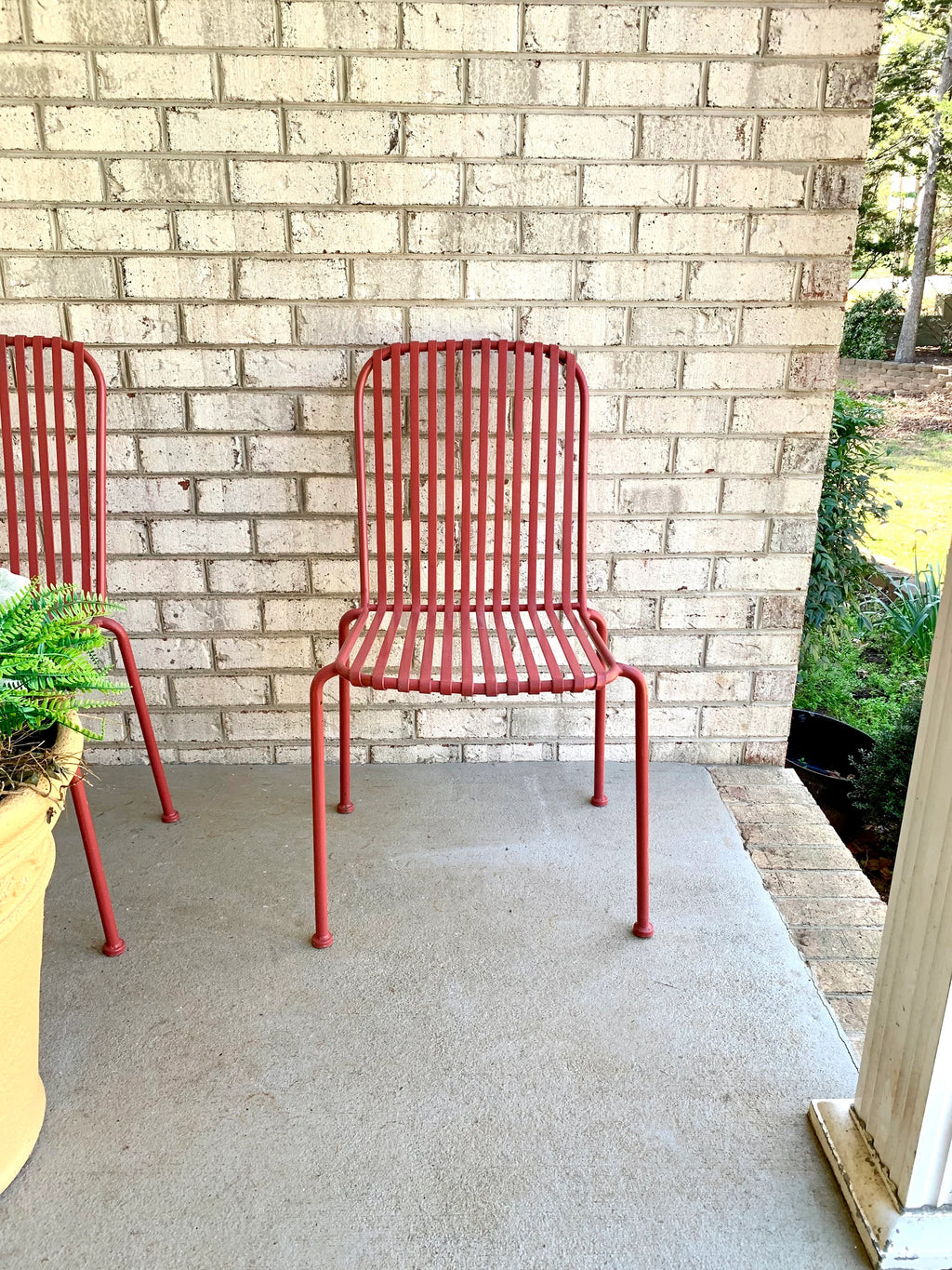 Vtg Pair of Metal Stacking Chairs | Red Metal Slat Chairs | Red Finish Metal Chairs | Stackable Red Metal Chairs | Patio Chairs