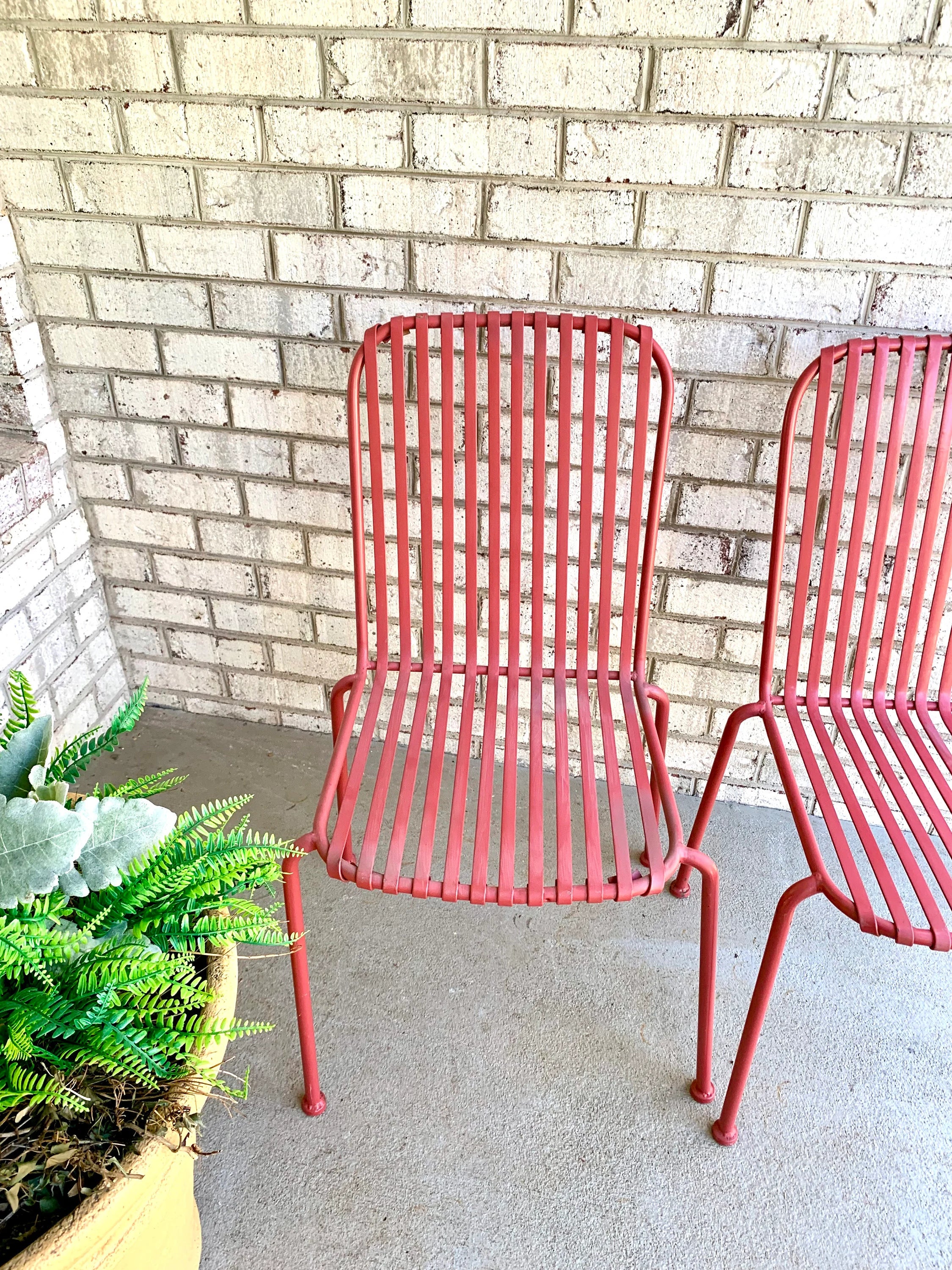 Vtg Pair of Metal Stacking Chairs | Red Metal Slat Chairs | Red Finish Metal Chairs | Stackable Red Metal Chairs | Patio Chairs