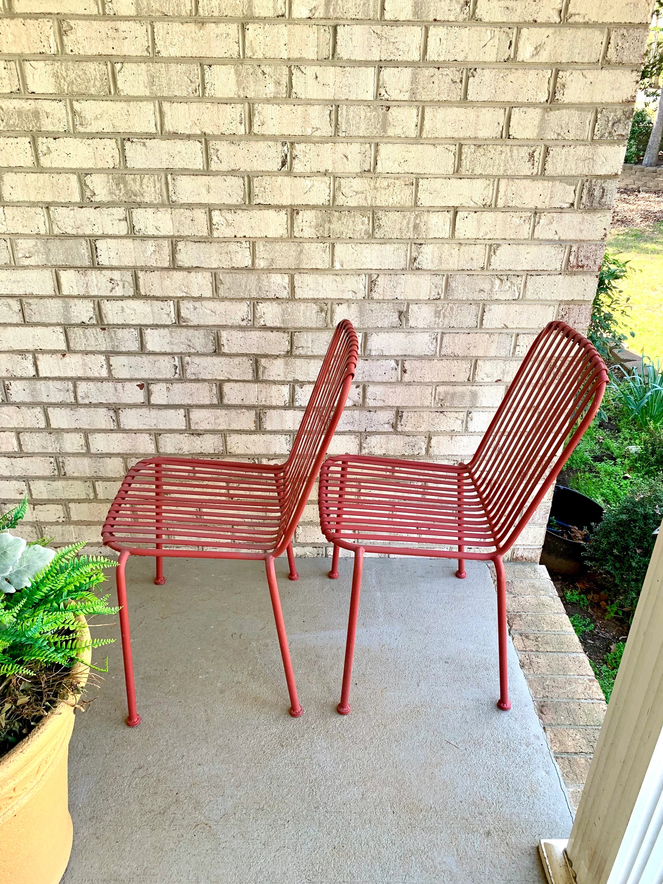 Vtg Pair of Metal Stacking Chairs | Red Metal Slat Chairs | Red Finish Metal Chairs | Stackable Red Metal Chairs | Patio Chairs