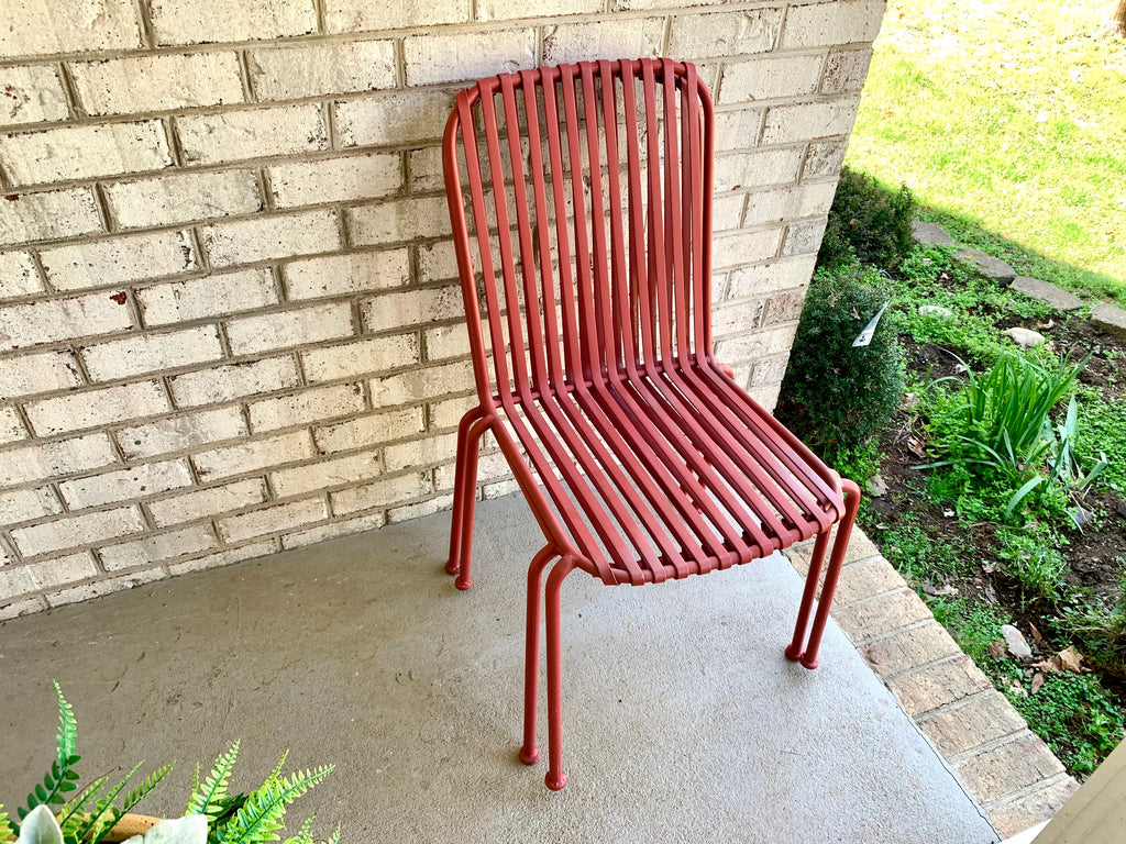 Vtg Pair of Metal Stacking Chairs | Red Metal Slat Chairs | Red Finish Metal Chairs | Stackable Red Metal Chairs | Patio Chairs