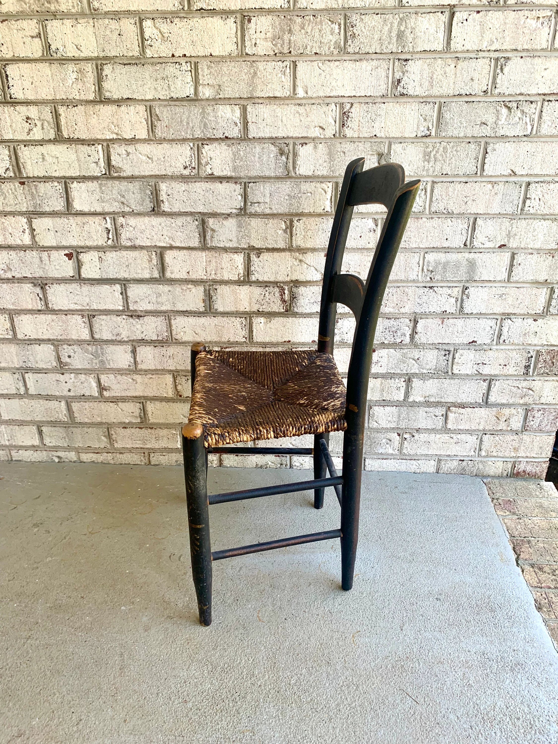 Vtg Distressed Hitchcock Style Rush Seat Chair | Black Stenciled Rush Seating Chair | Primitive Hitchcock Style Chairs| Black Rush Chair
