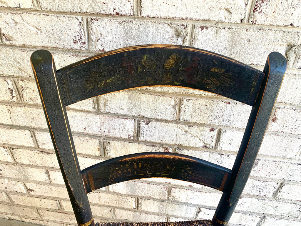 Vtg Distressed Hitchcock Style Rush Seat Chair | Black Stenciled Rush Seating Chair | Primitive Hitchcock Style Chairs| Black Rush Chair