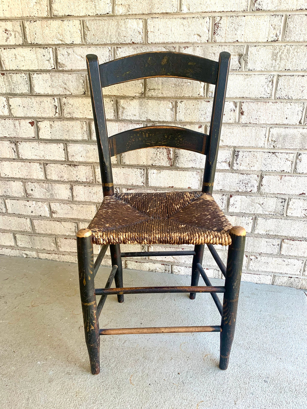 Vtg Distressed Hitchcock Style Rush Seat Chair | Black Stenciled Rush Seating Chair | Primitive Hitchcock Style Chairs| Black Rush Chair