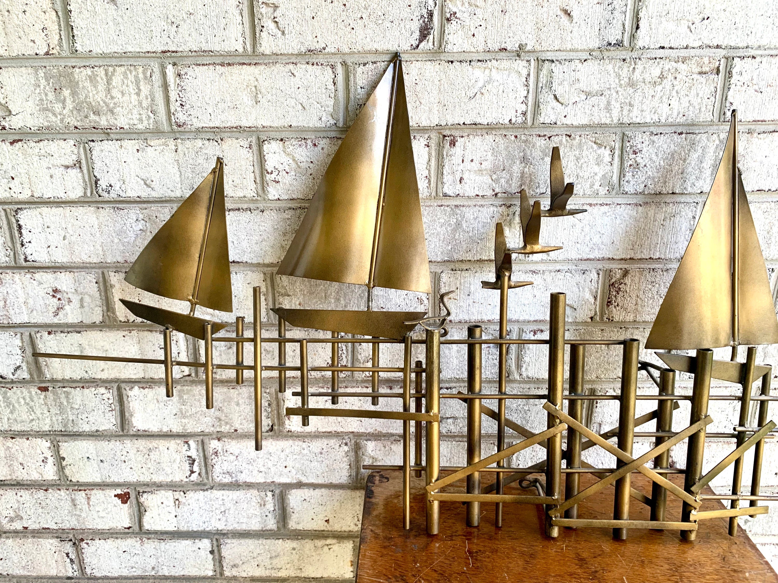 Vtg Metal Nautical Wall Art | Metal Wall Art Sculpture | Sailboat Metal Sculpture | Coastal Decor | Beach House Decor | Metal Pier Scene