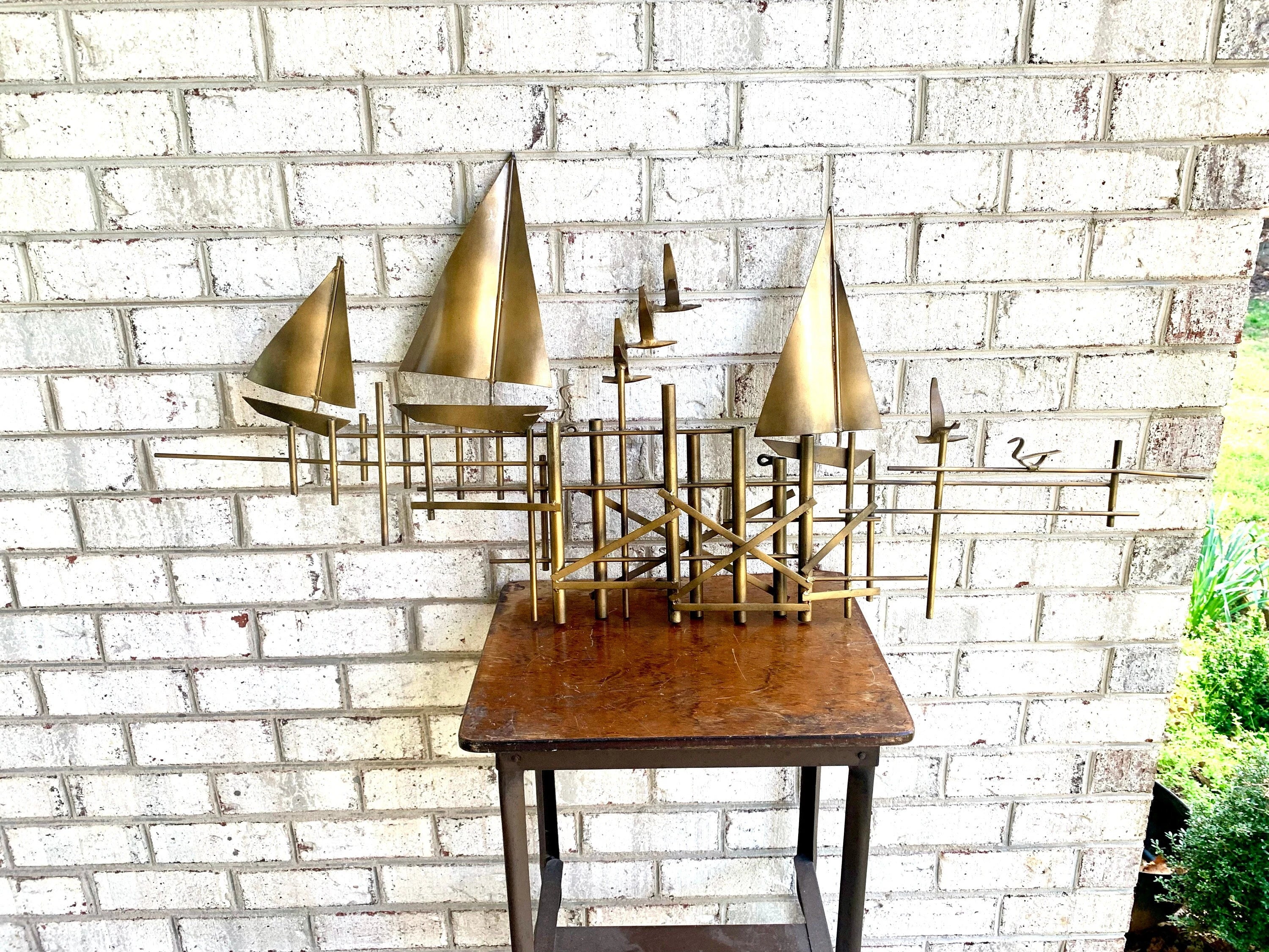 Vtg Metal Nautical Wall Art | Metal Wall Art Sculpture | Sailboat Metal Sculpture | Coastal Decor | Beach House Decor | Metal Pier Scene