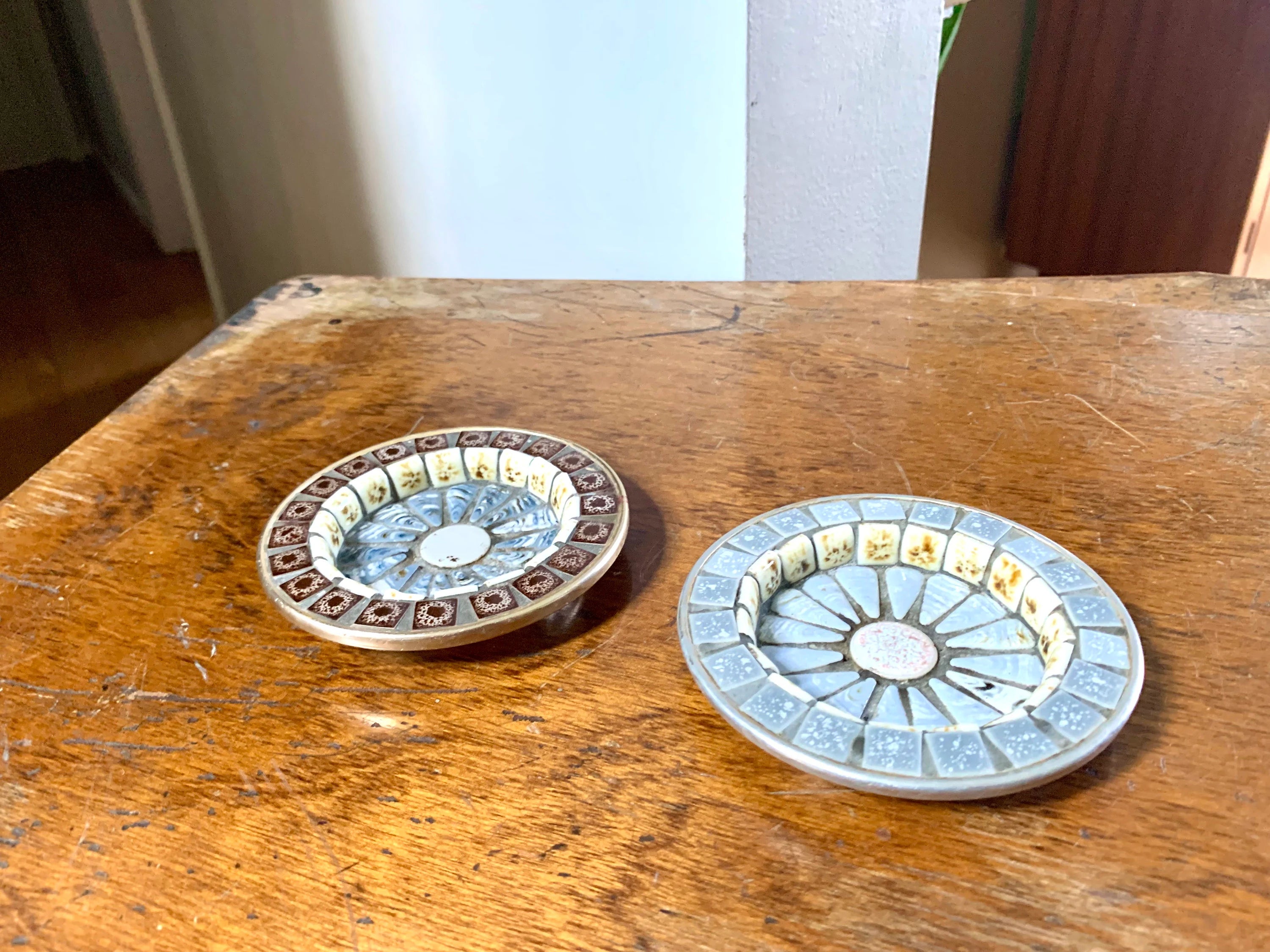 Two Vtg Mosaic Tile Ashtrays | Mosaic Tile Ashtray | Bohemian Mosaic Drink Coasters | Mosaic Trinket Dishes