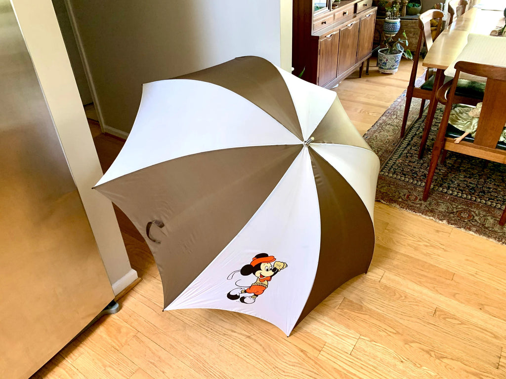 Vtg Mickey Mouse Golf Umbrella | Brown and White Oversized Umbrella | Disney Shade Umbrella | Disney Golf Umbrella