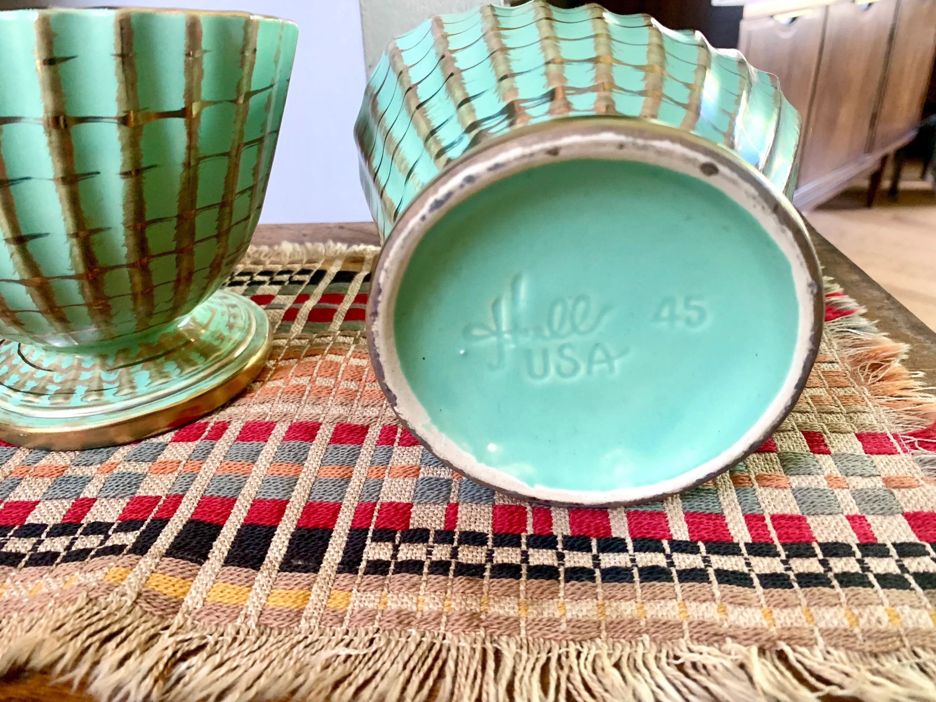 Vtg Pair of Hull Capri Green and Gold Footed Planter | Hull 45 Pottery | Capri and Gold Ribbed Pottery Planters | Hull 45 Pottery Vase