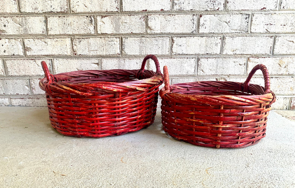 Set of 2 Red Wicker Baskets | Red Wicker Nesting Baskets | Pair of Red Gathering Baskets | Woven Red Baskets | Wicker Storage Baskets