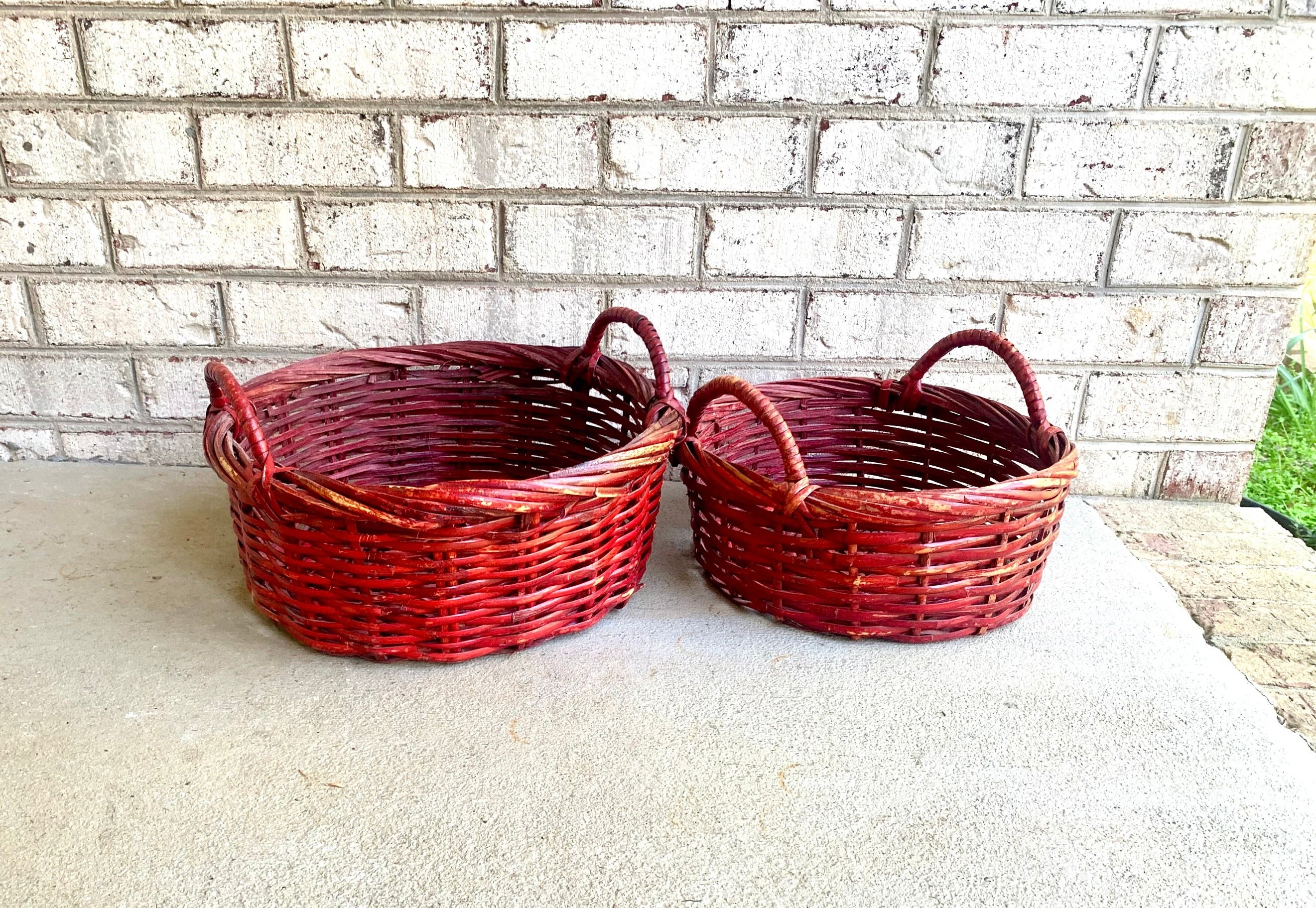 Set of 2 Red Wicker Baskets | Red Wicker Nesting Baskets | Pair of Red Gathering Baskets | Woven Red Baskets | Wicker Storage Baskets