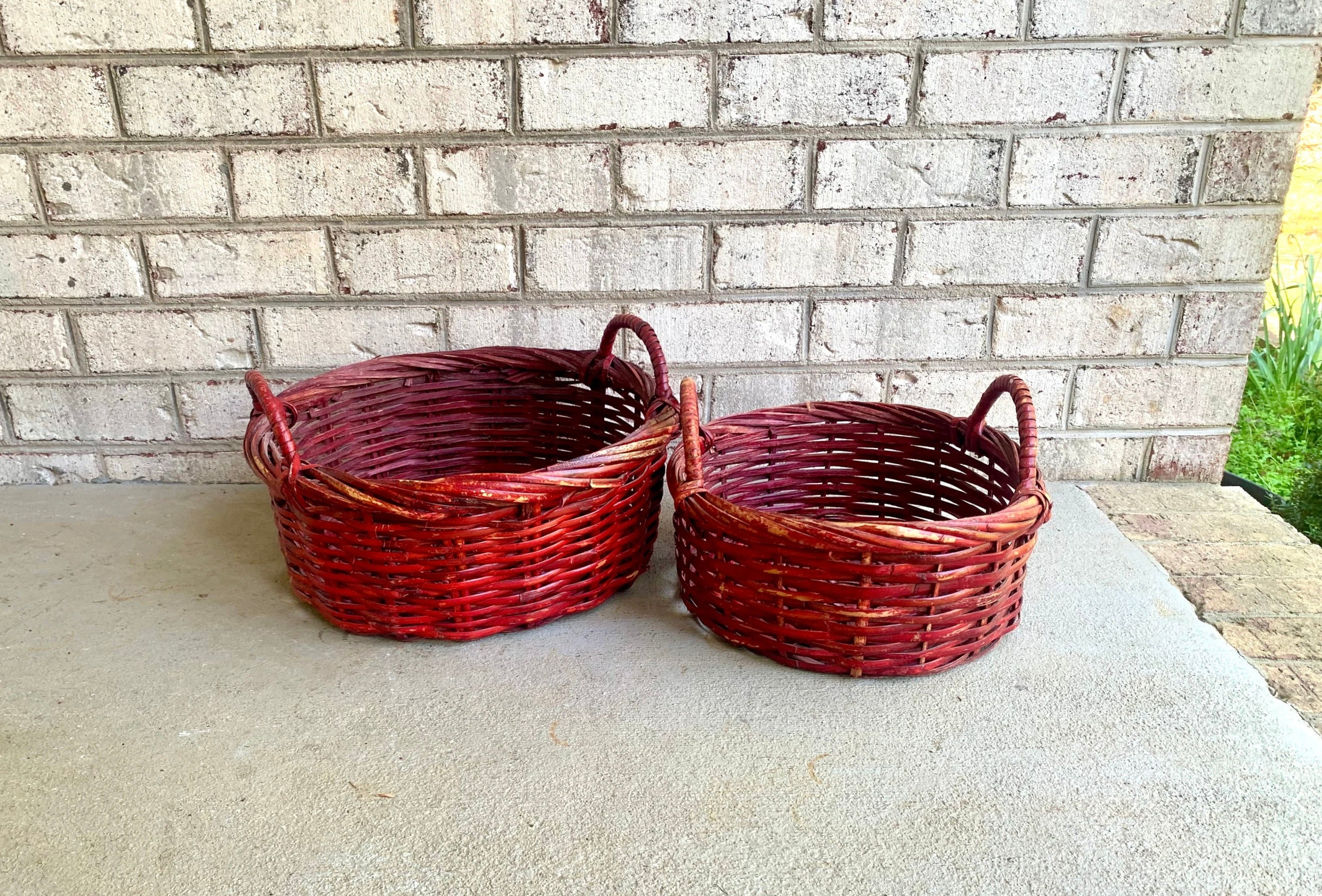 Set of 2 Red Wicker Baskets | Red Wicker Nesting Baskets | Pair of Red Gathering Baskets | Woven Red Baskets | Wicker Storage Baskets