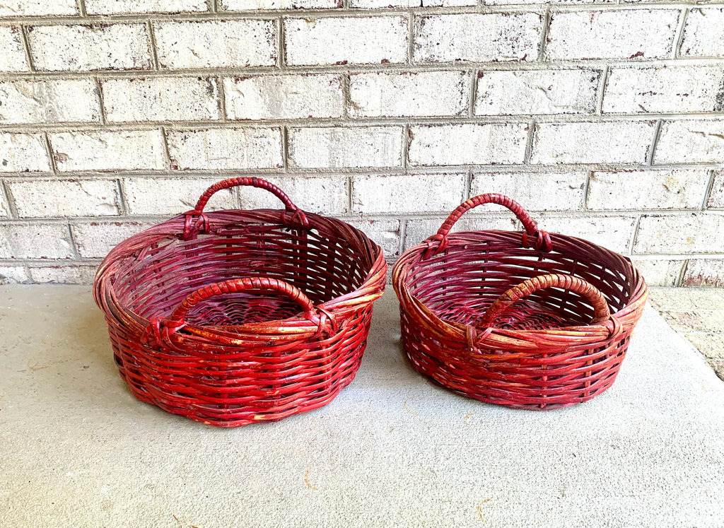 Set of 2 Red Wicker Baskets | Red Wicker Nesting Baskets | Pair of Red Gathering Baskets | Woven Red Baskets | Wicker Storage Baskets