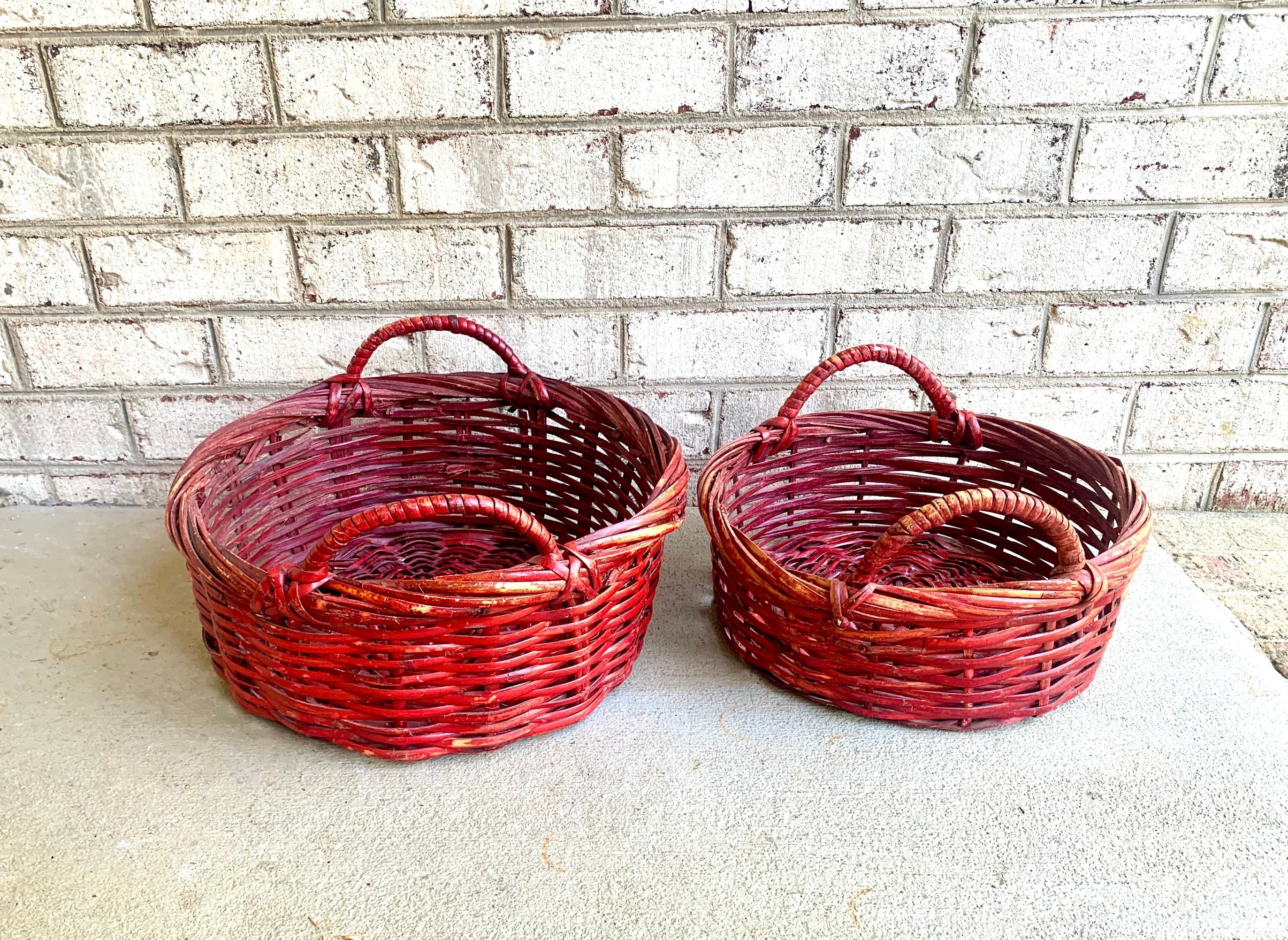 Set of 2 Red Wicker Baskets | Red Wicker Nesting Baskets | Pair of Red Gathering Baskets | Woven Red Baskets | Wicker Storage Baskets