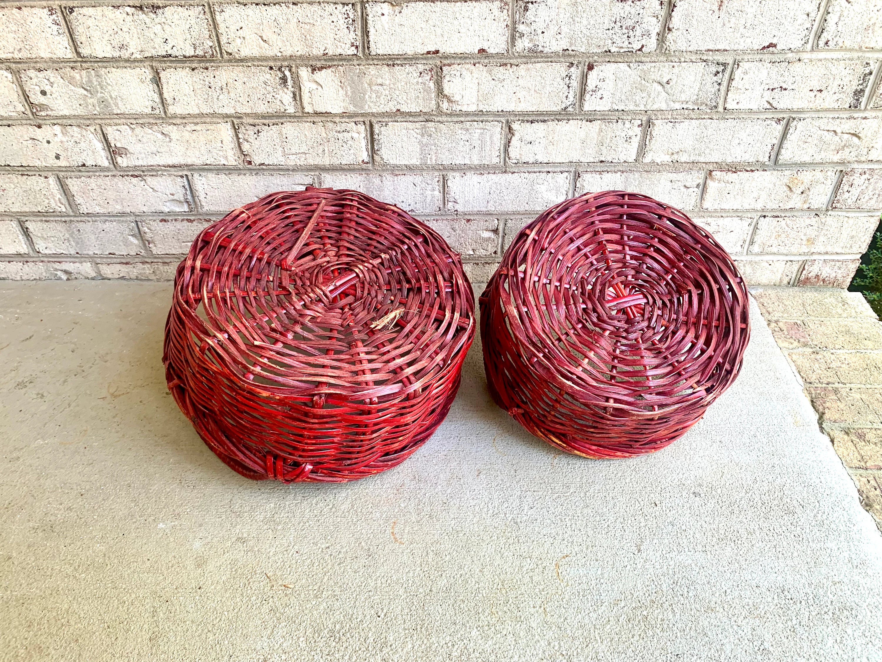 Set of 2 Red Wicker Baskets | Red Wicker Nesting Baskets | Pair of Red Gathering Baskets | Woven Red Baskets | Wicker Storage Baskets