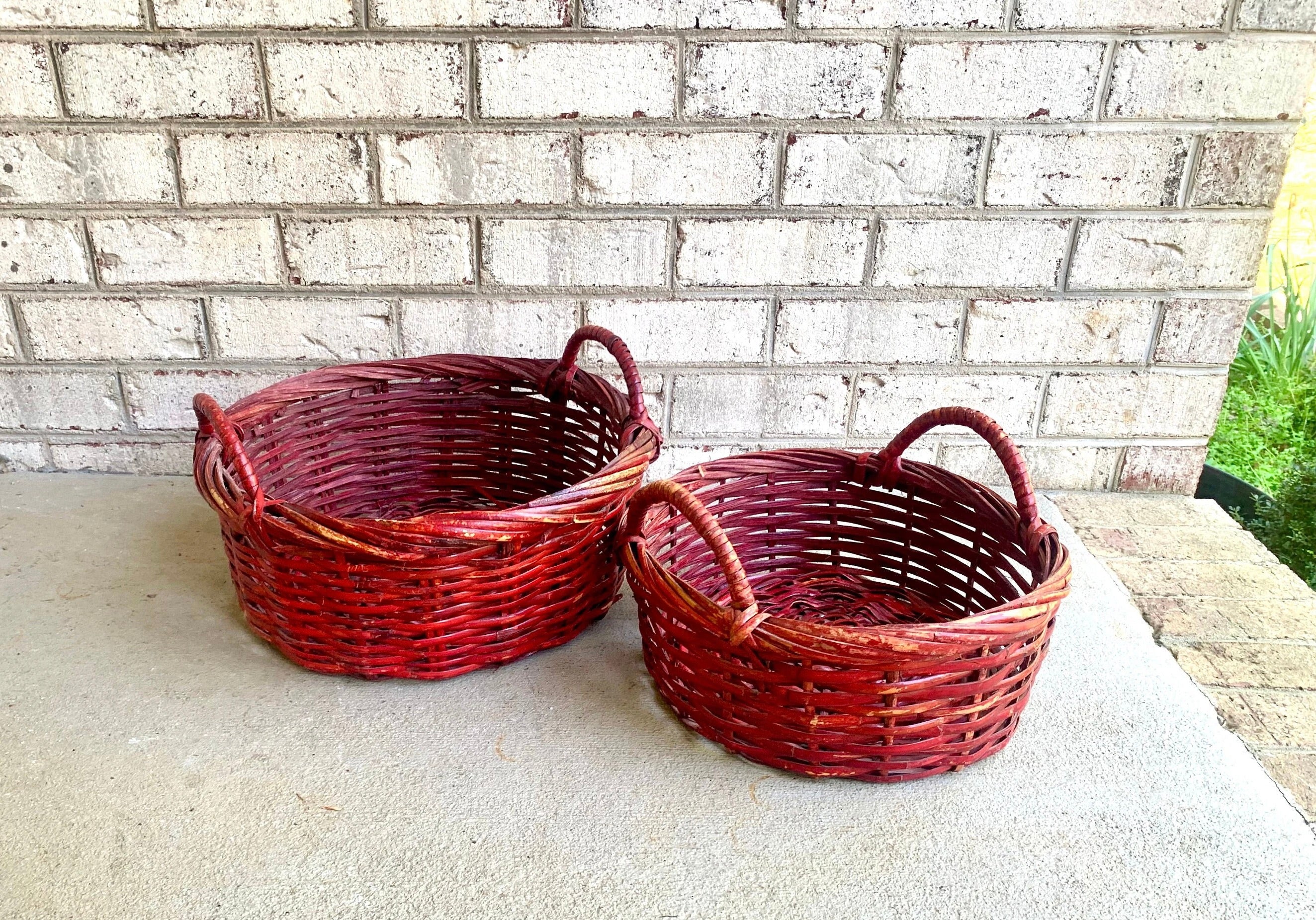 Set of 2 Red Wicker Baskets | Red Wicker Nesting Baskets | Pair of Red Gathering Baskets | Woven Red Baskets | Wicker Storage Baskets