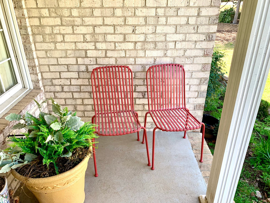 Vtg Pair of Metal Stacking Chairs | Red Metal Slat Chairs | Red Finish Metal Chairs | Stackable Red Metal Chairs | Patio Chairs